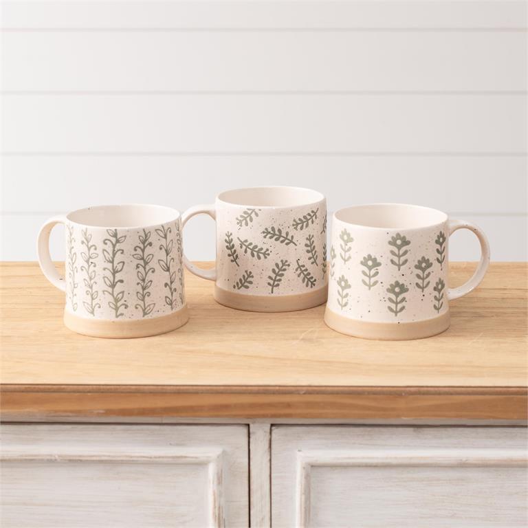 Leafy Green Stoneware Mugs (S/3)