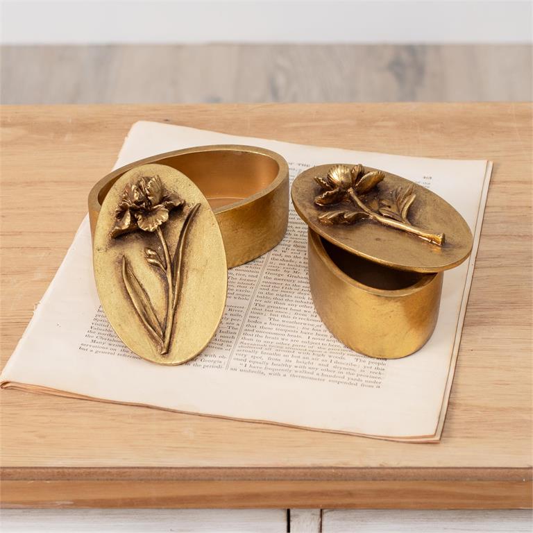 Brass Tone Floral Trinket Boxes (S/2)