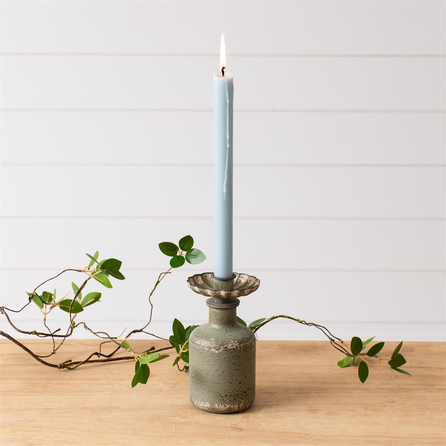 Candle Holder - Scalloped Rim, Antiqued Green