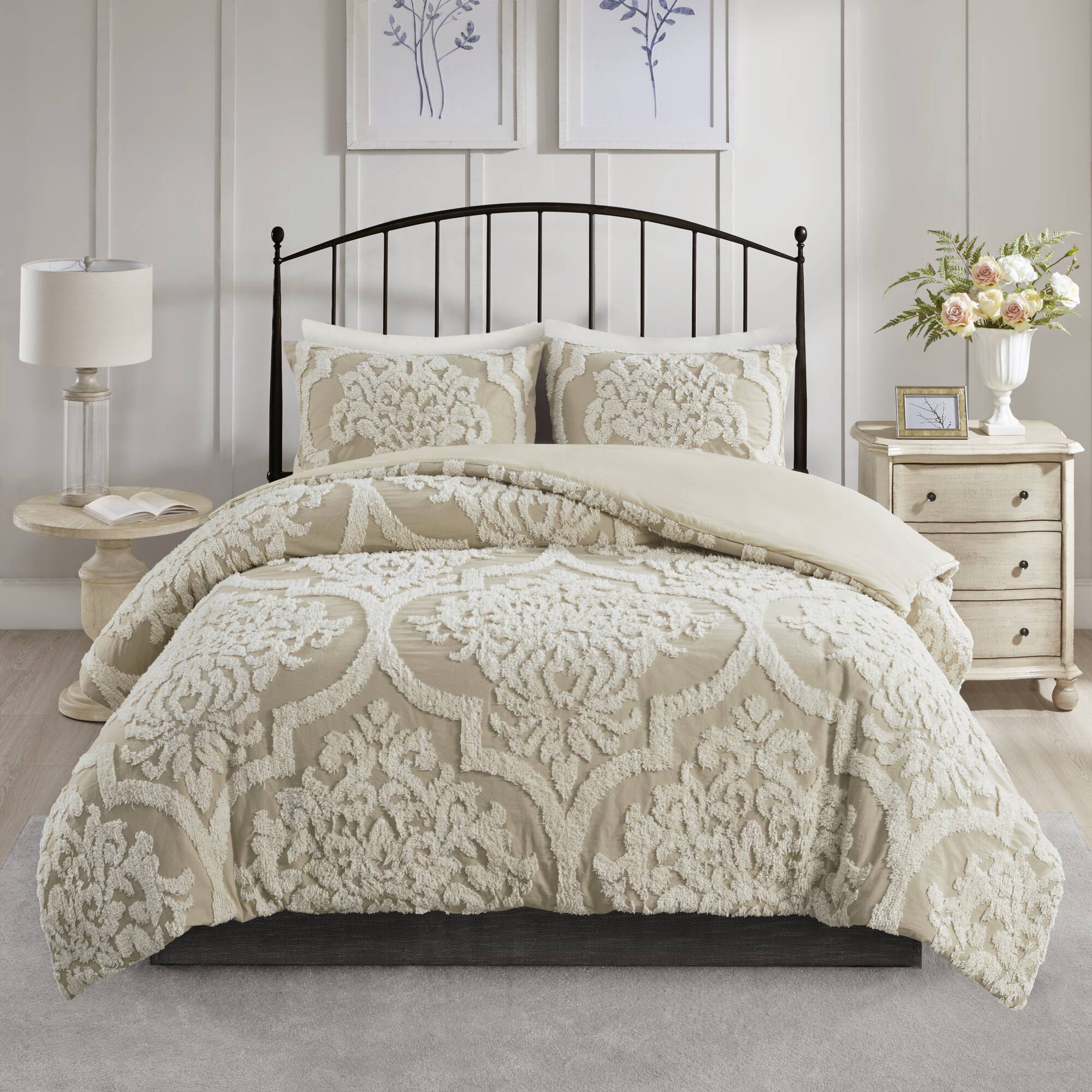 Viola 3 Piece Tufted Cotton Chenille Damask Duvet Cover Set