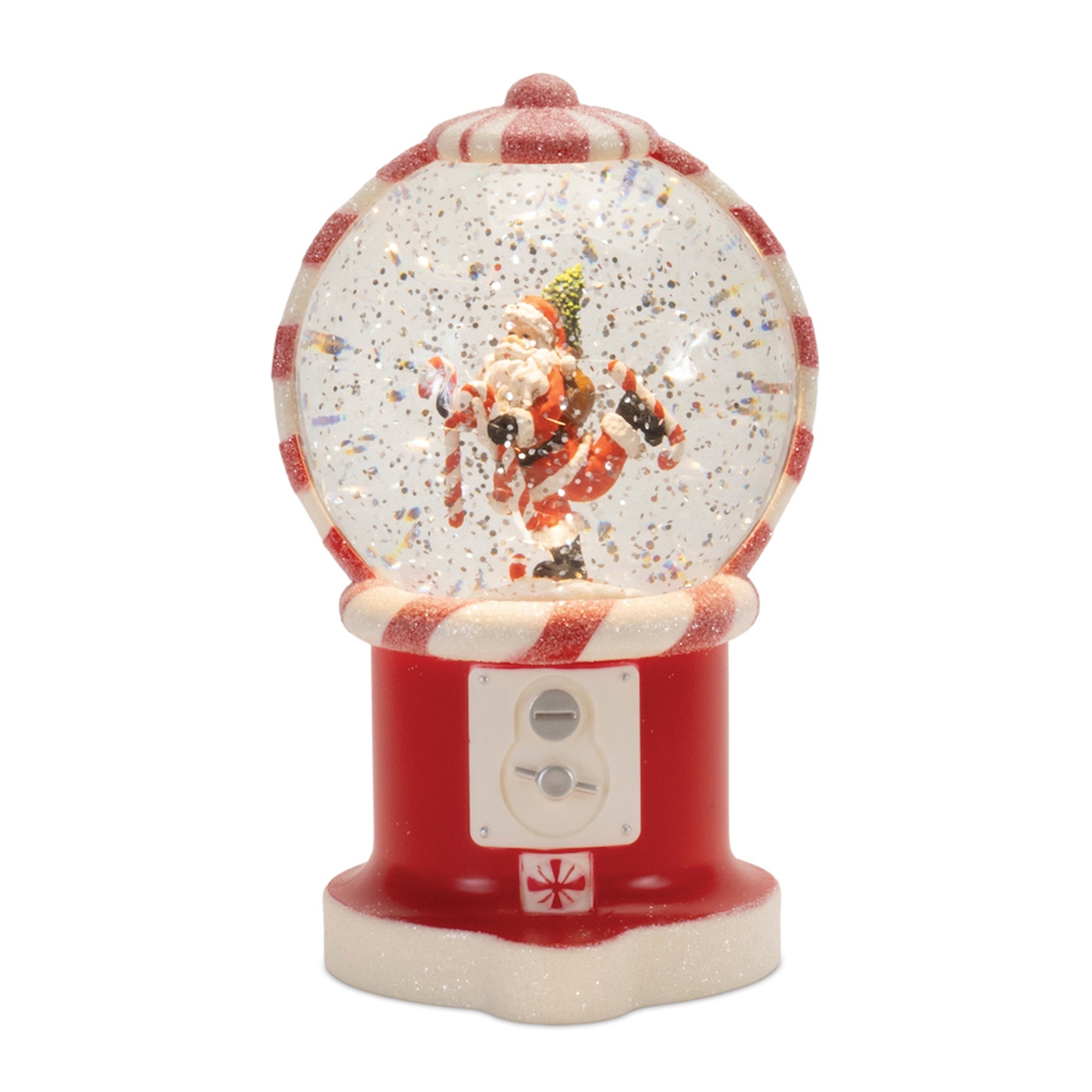 LED Gum Ball Machine Snow Globe w/Santa 7.75”H 6 Hr Timer 3 AA Batteries, Not Included