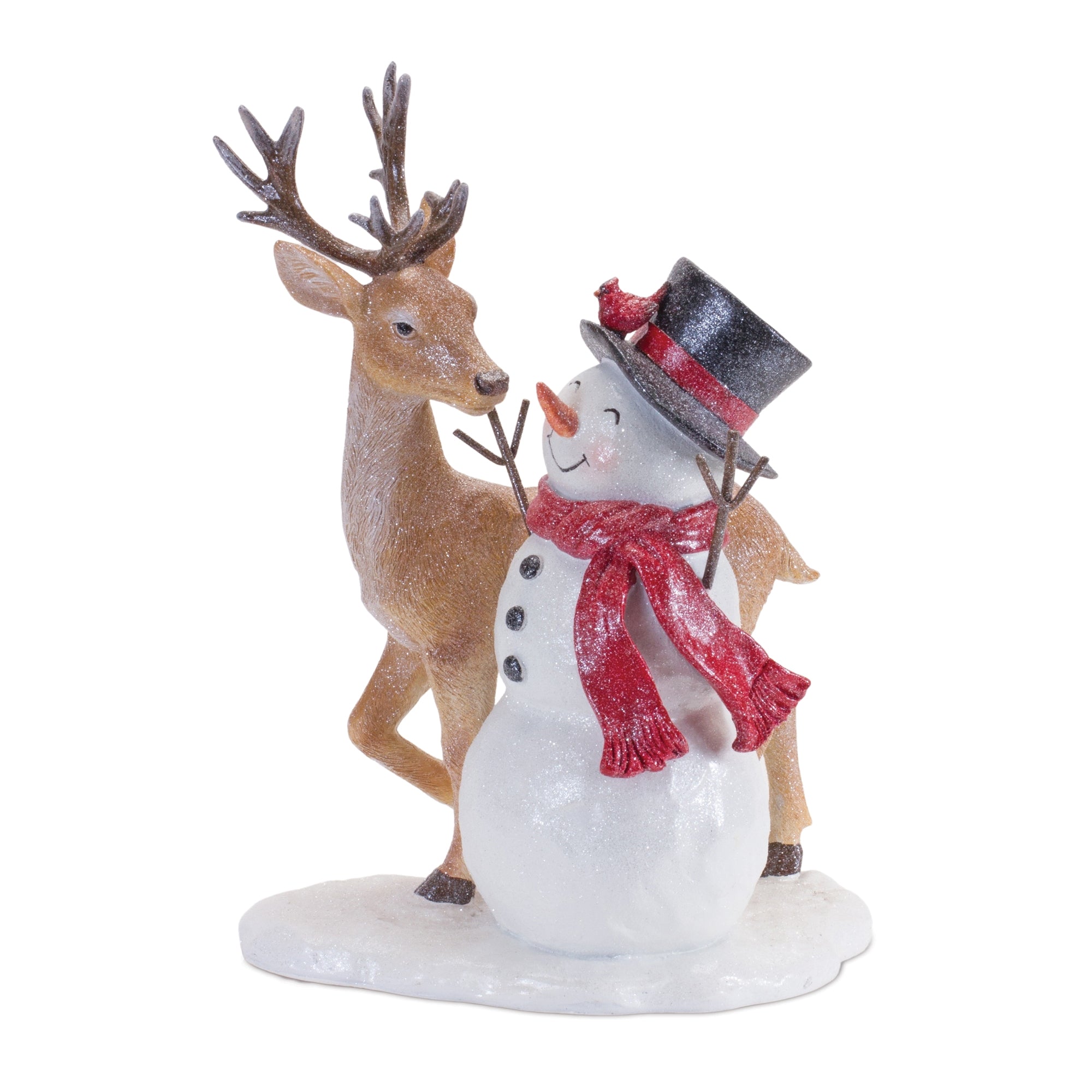 Glittered Snowman with Deer Figurine 12"H