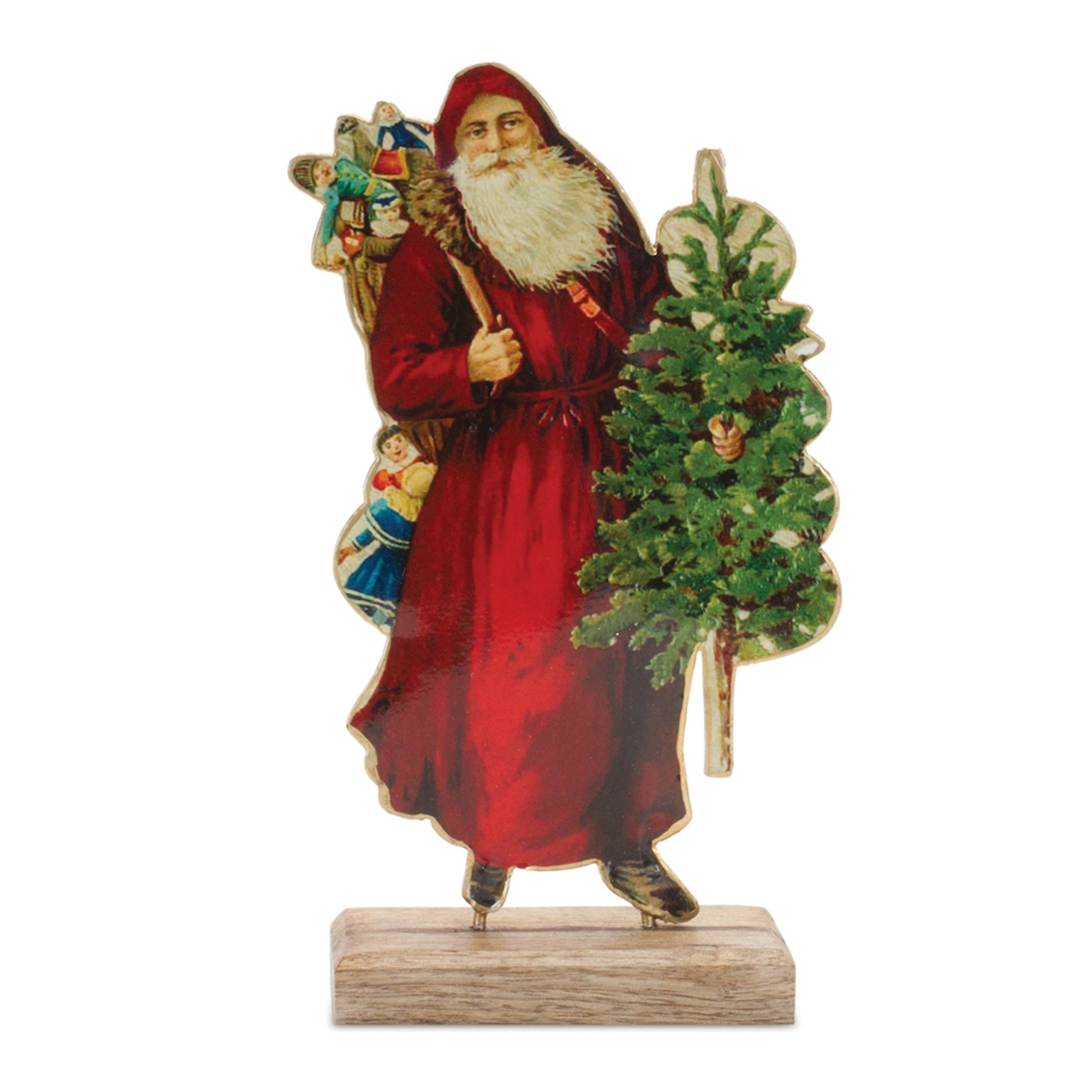 Vintage Metal Santa with Wood Base 8"H