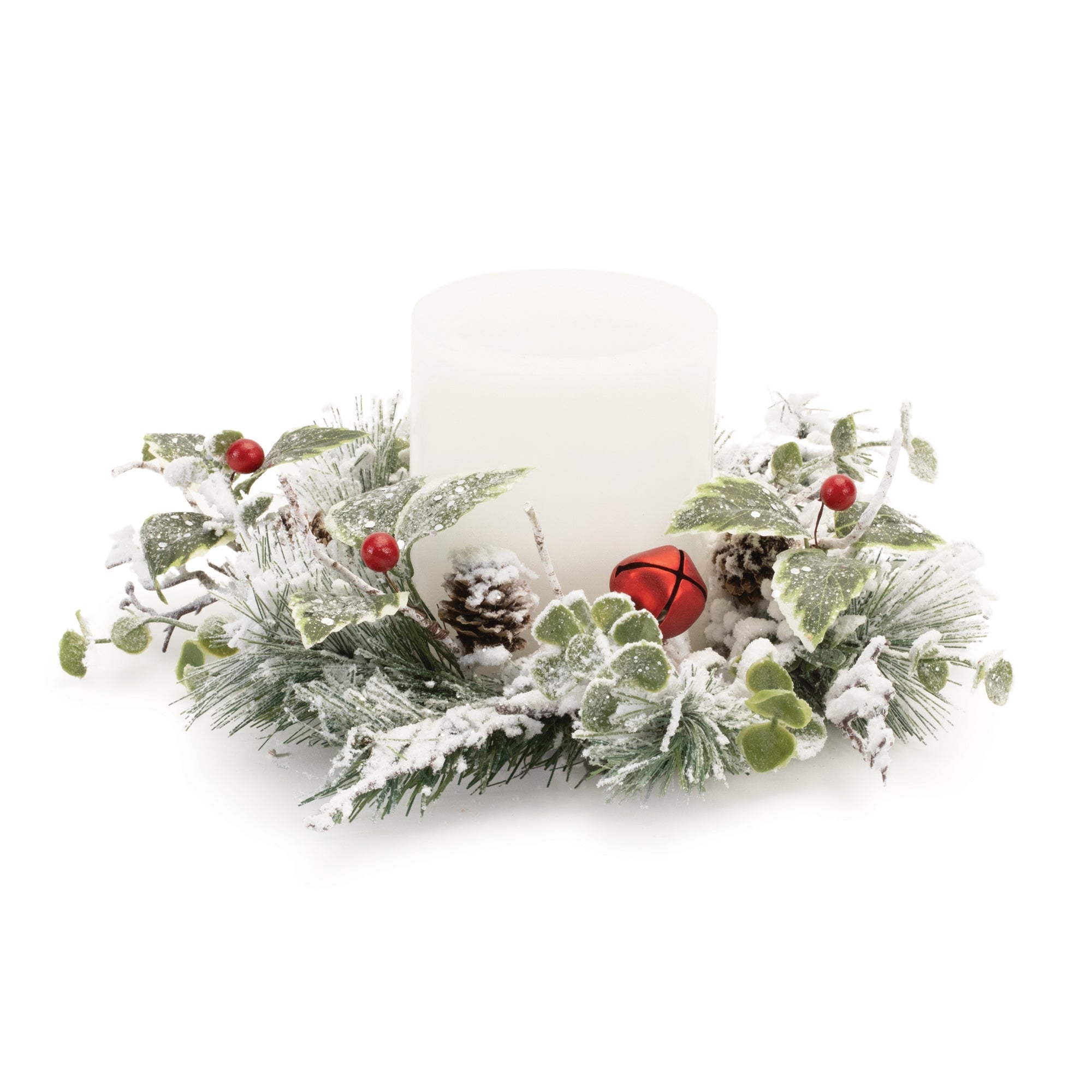 Flocked Pine/Bell Candle Ring 12.5"D PVC (Fits a 4" Candle)