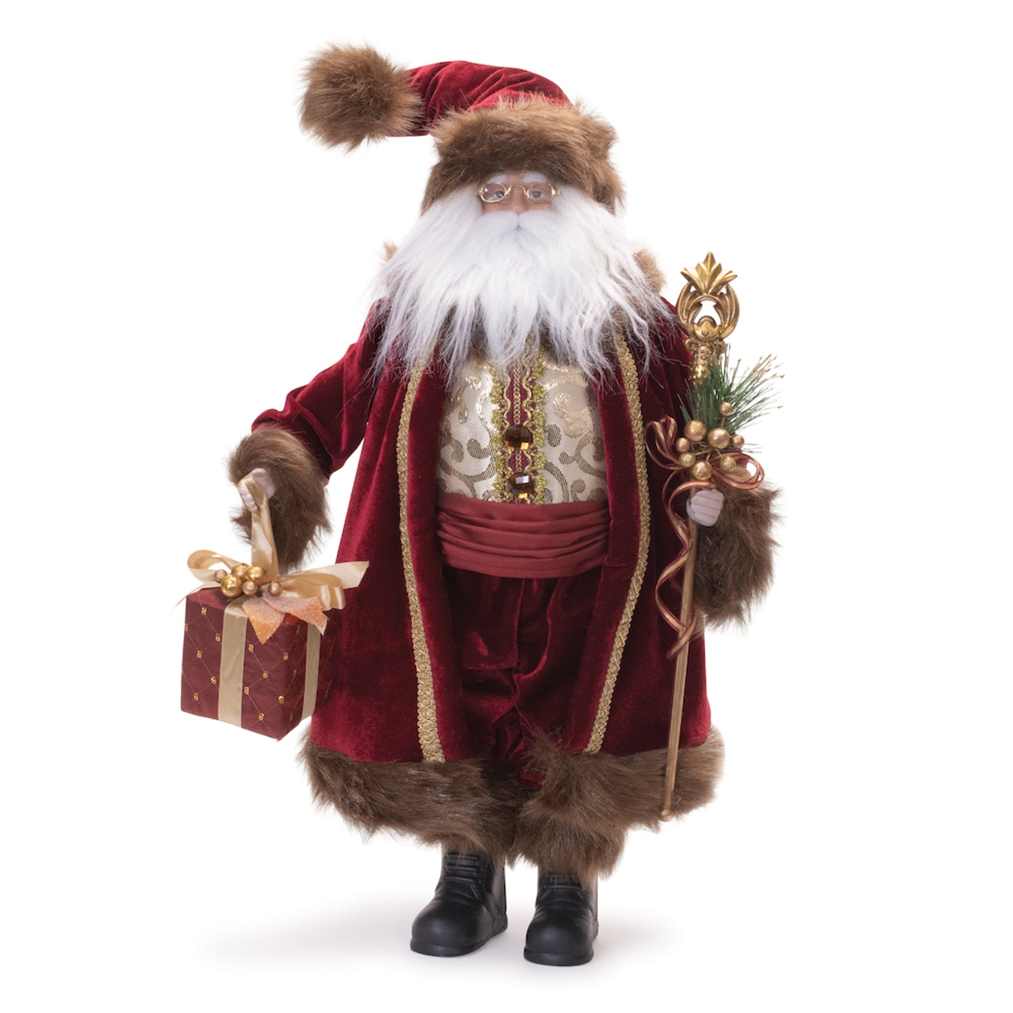 Furry Hooded Santa with Staff and Packages 22"H