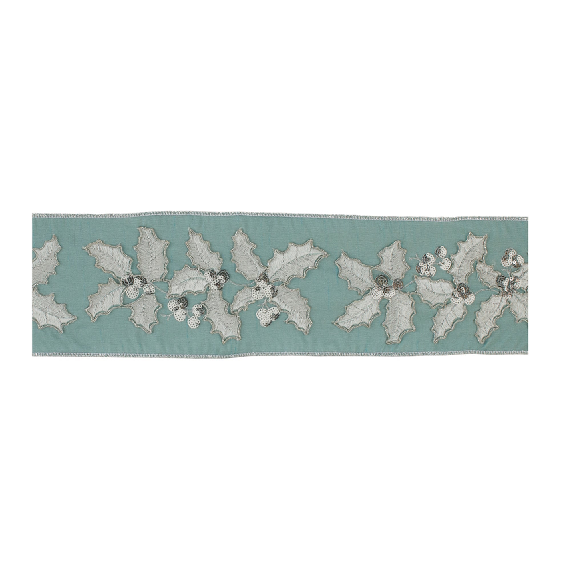 Blue and Silver Sequined Holly Wired Ribbon 4" x 5yds