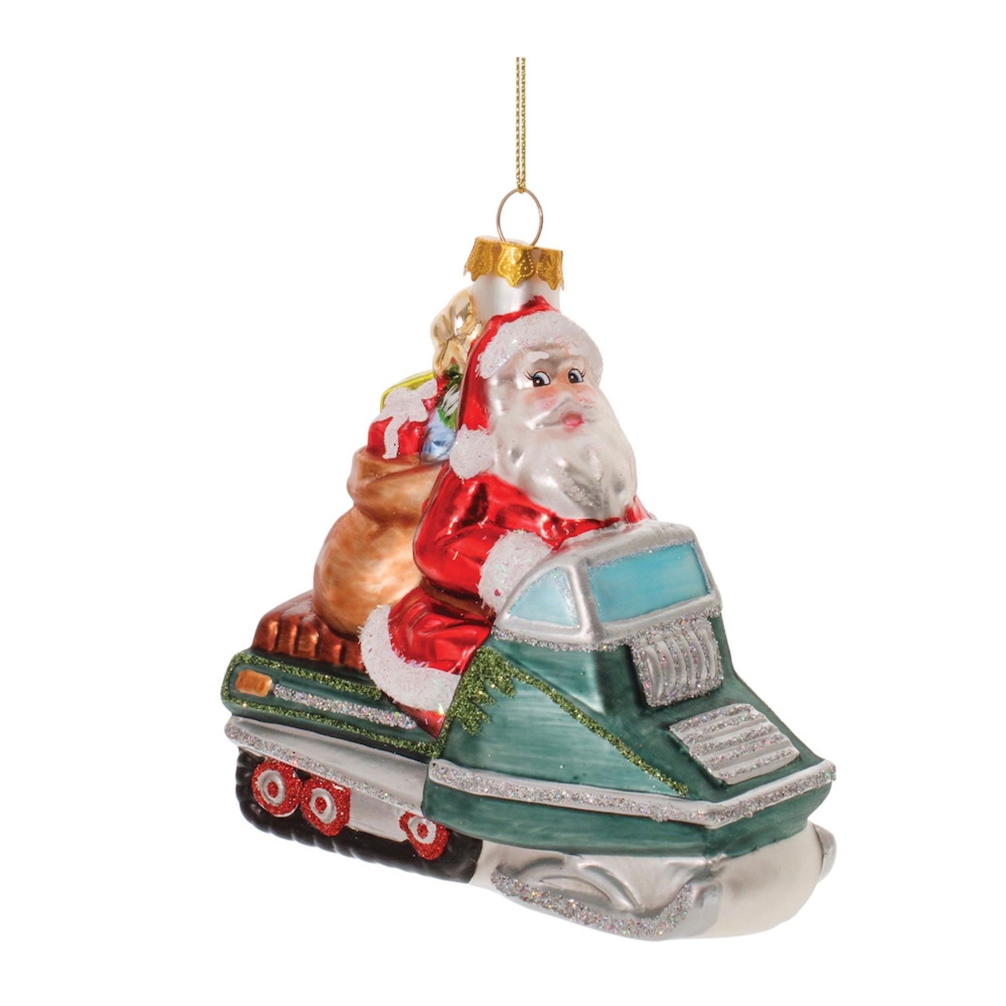 Santa on Snowmobile Ornament 5”H Glass