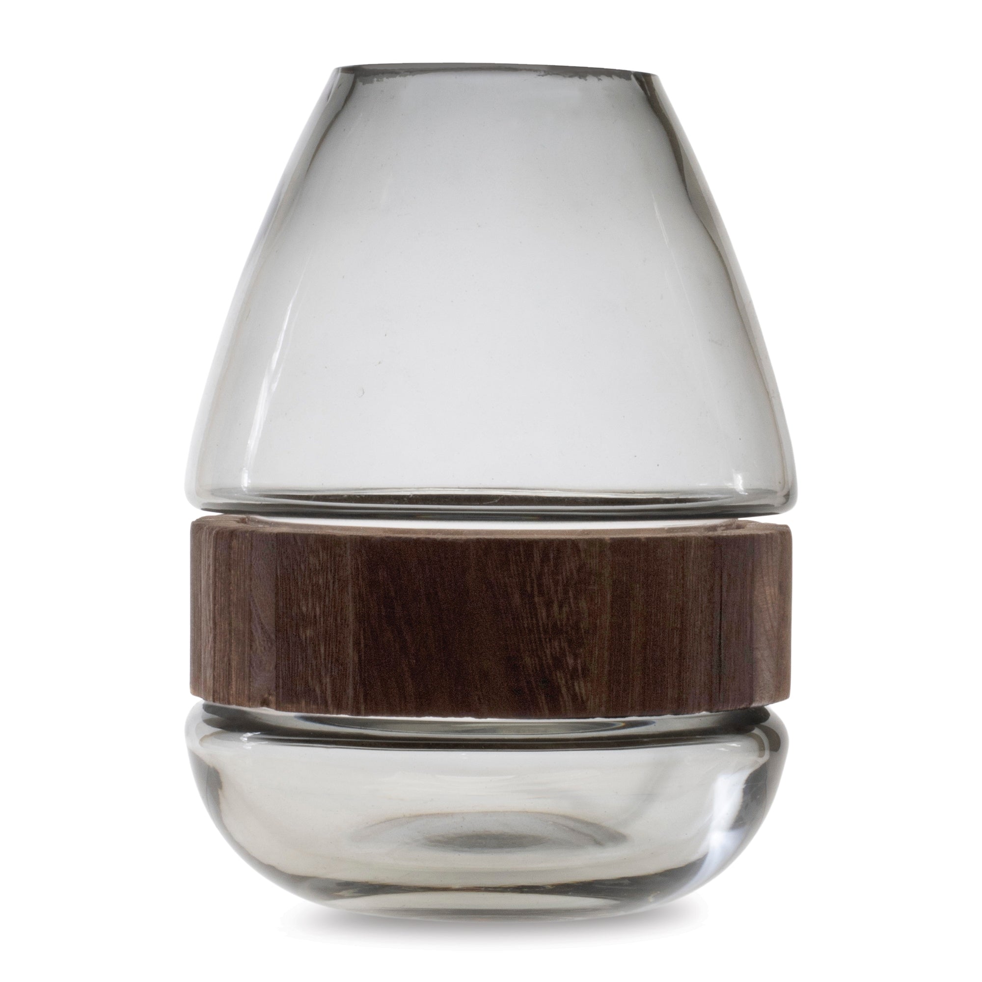 Grey Glass Vase with Natural Wood Accent 7.5"H