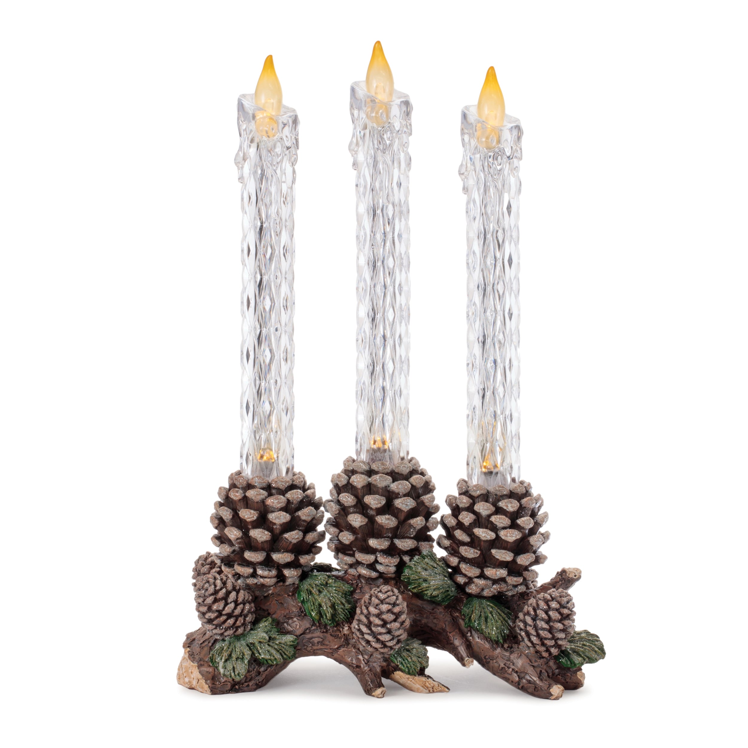 LED Taper Candles w/Pine Cones 10"L x 15.5"H Plastic 2 AA Batteries Not Included/USB Cord Included 6 Hr Timer