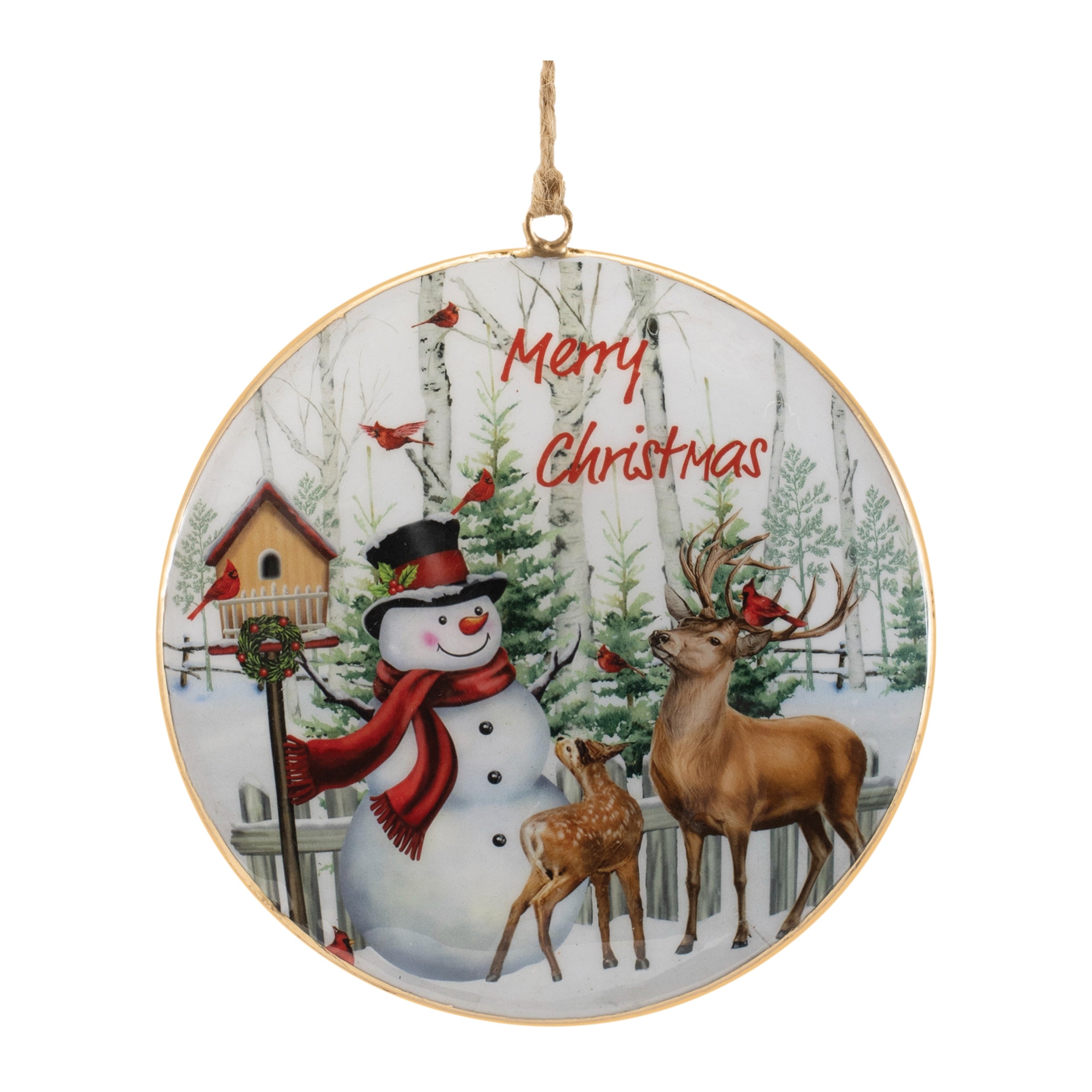 Snowman and Deer Disc Ornament 6”H Iron
