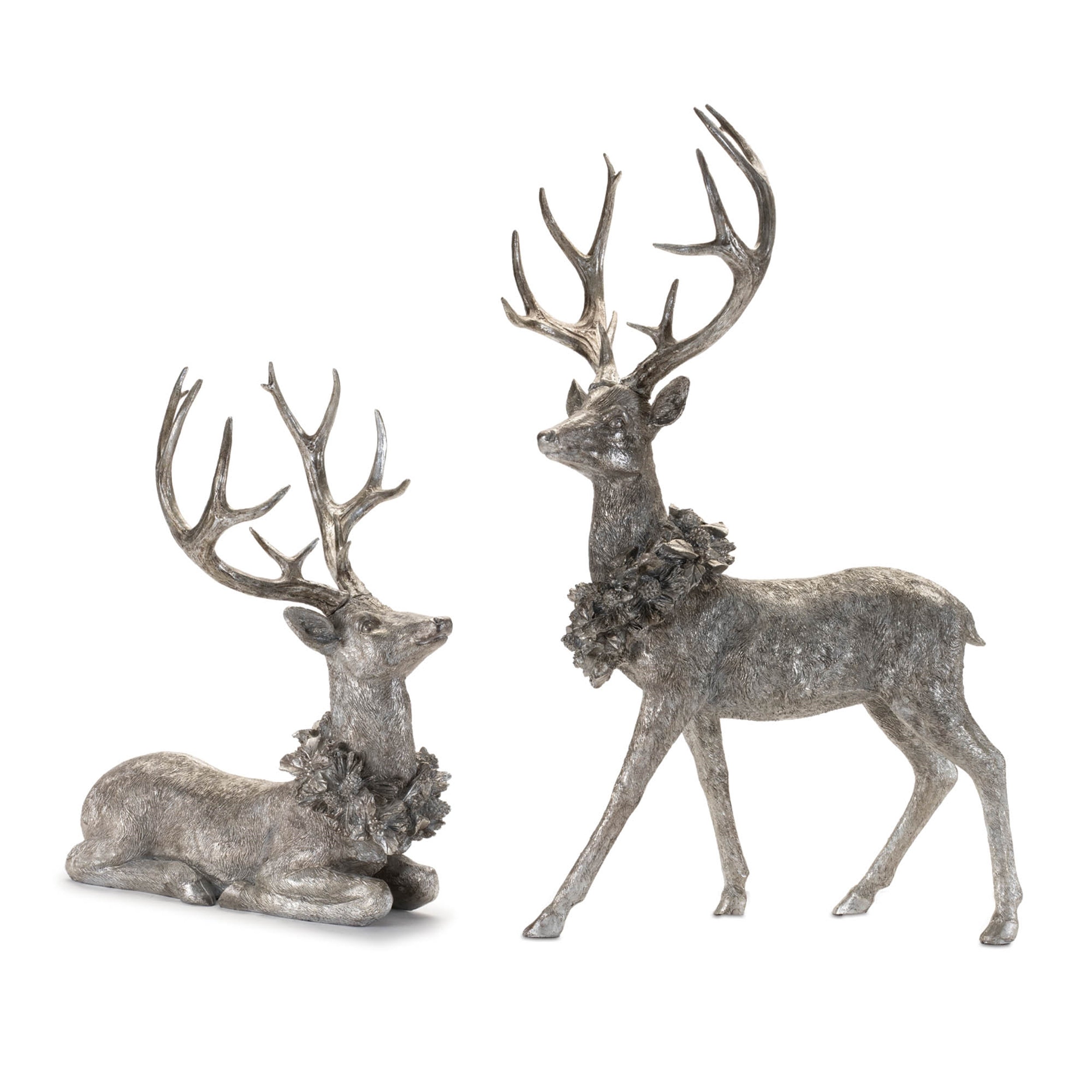 Deer w/Wreath (Set of 2) 15"L x 19"H, 17.5"L x 27.5"H Resin