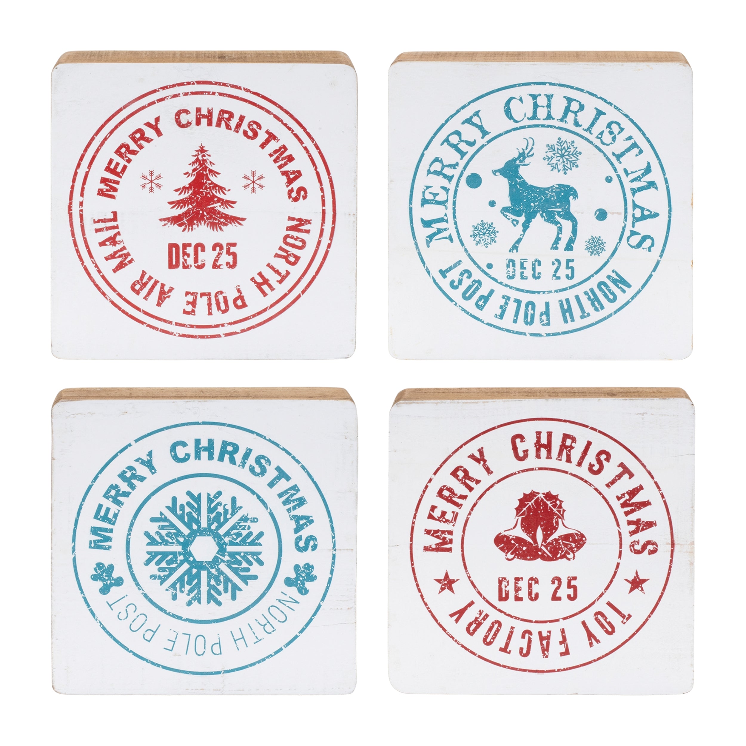 Postal Christmas Stamp (4 Asst) 7.5”H Wood