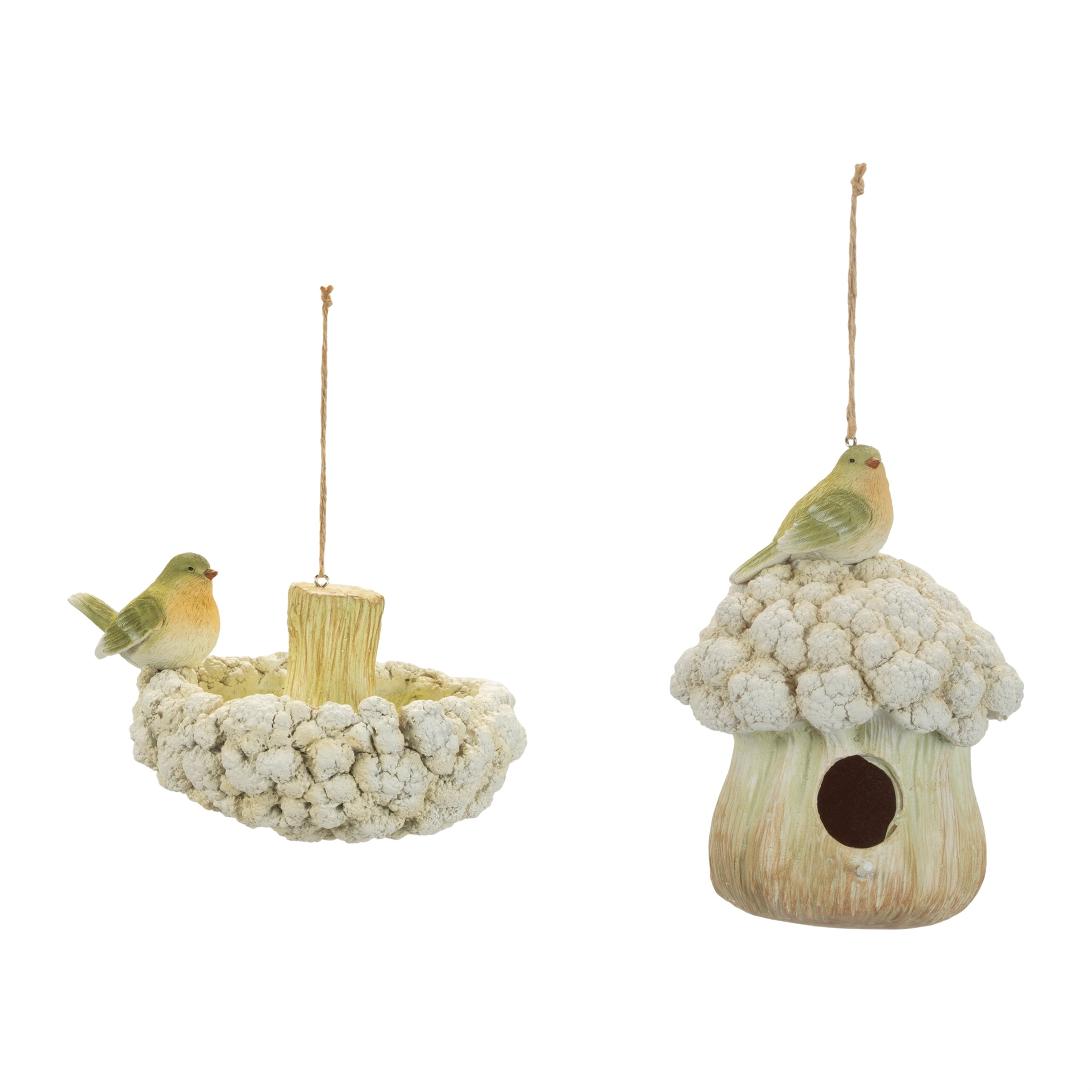 Bird House and Bird Bath Ornament (Set of 2) 4"H, 7.25"H Resin