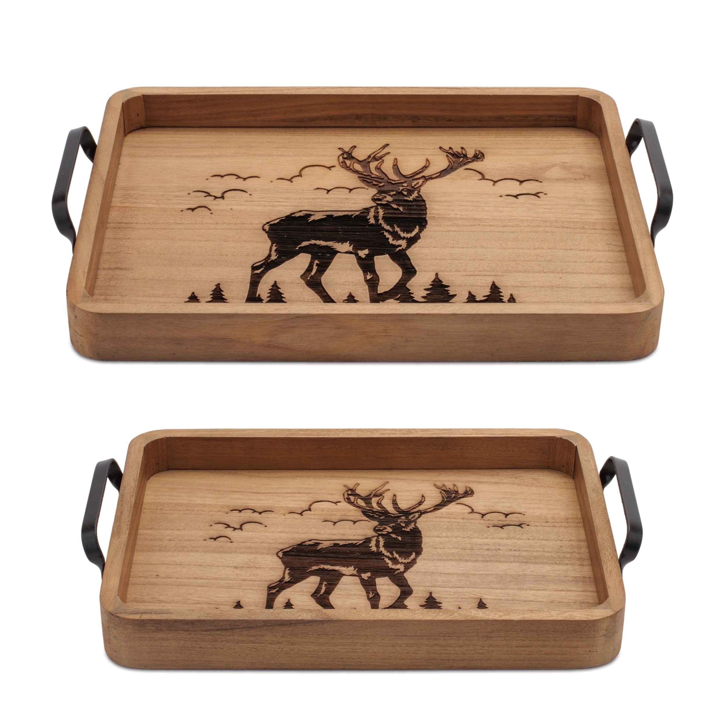 Tray w/Deer (Set of 2) 15"L x 9.75"W x 2.5"H, 17"L x 11.75"W x 2.75"H Wood/MDF
