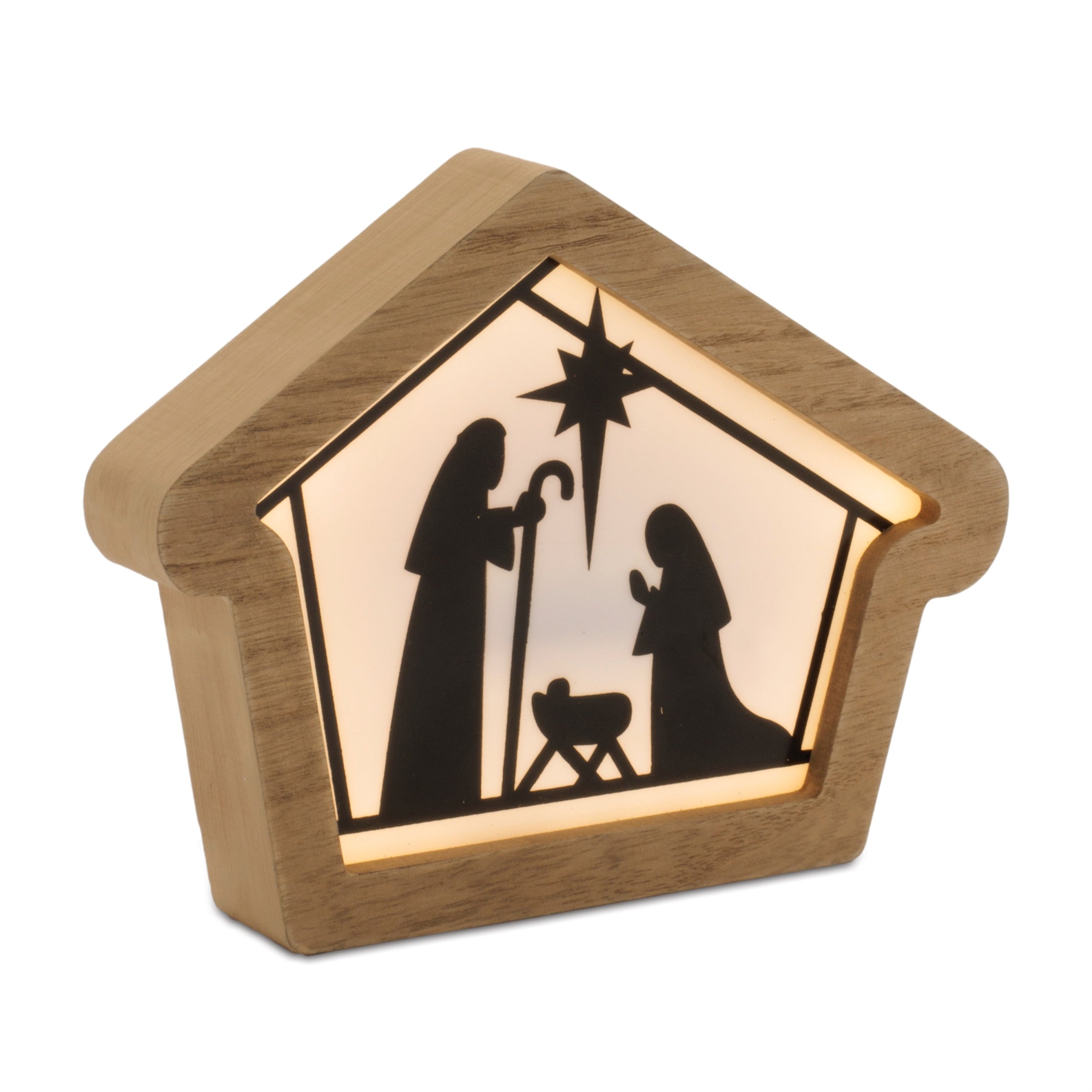 LED Holy Family in Creche 7.75"L x 6"H MDF/ 2 AA Batteries Not Included