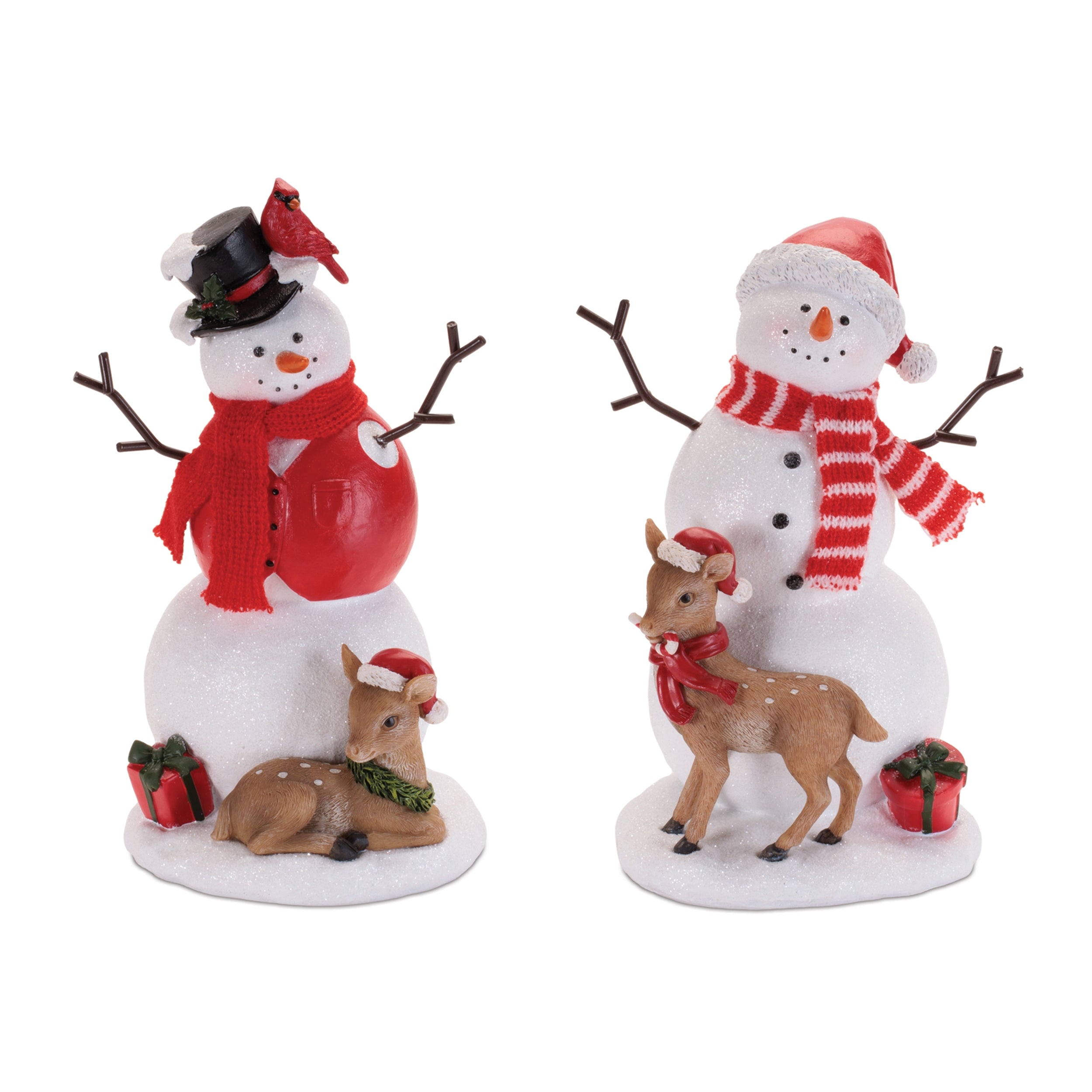 Snowman w/Deer (2 set of) 9"H, 9.5"H Resin