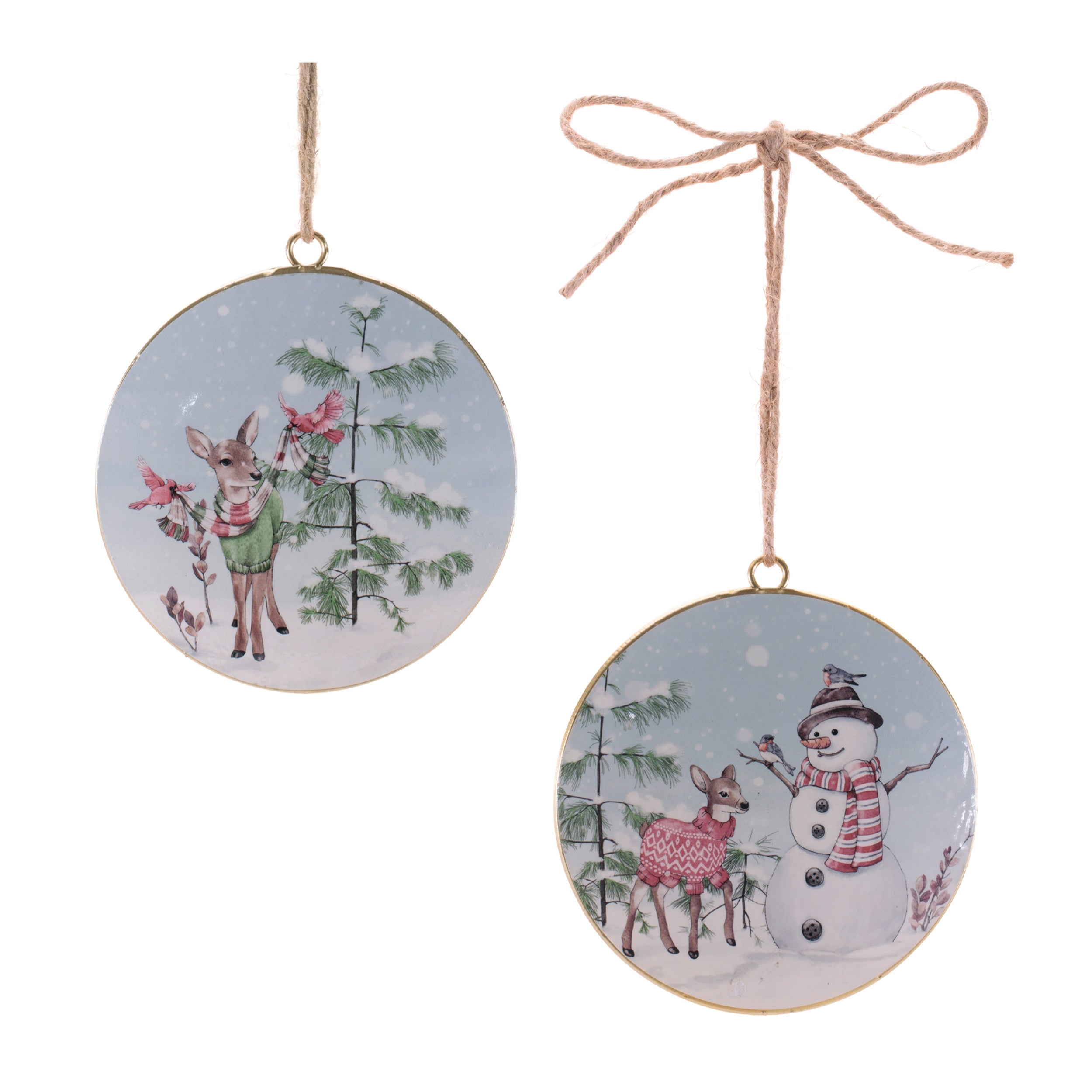 Snowman and Deer Disc Ornament (2 set of) 6”D Iron