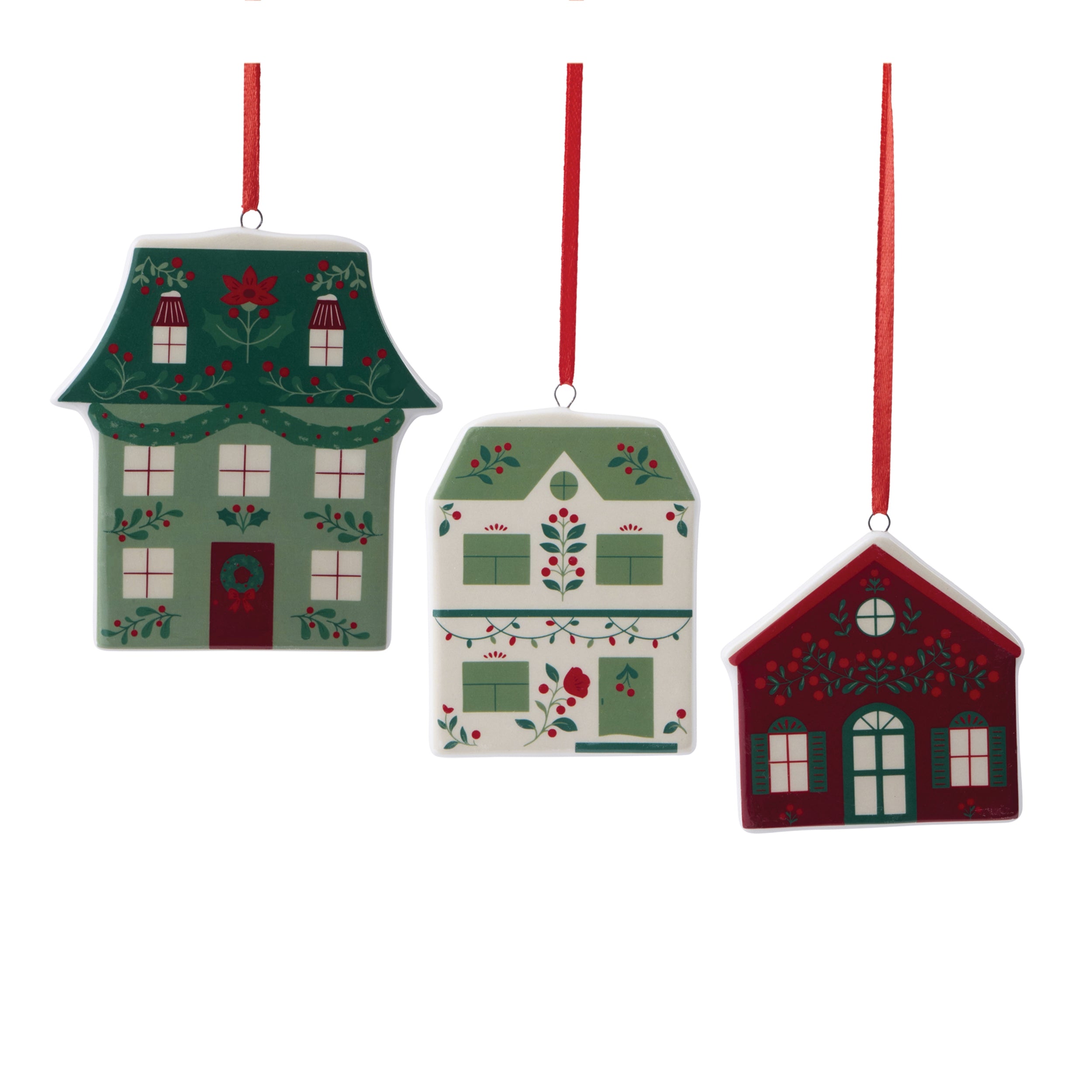 House Ornament Assortment (Box of 3) 2.5"H, 3"H, 3.5"H Ceramic