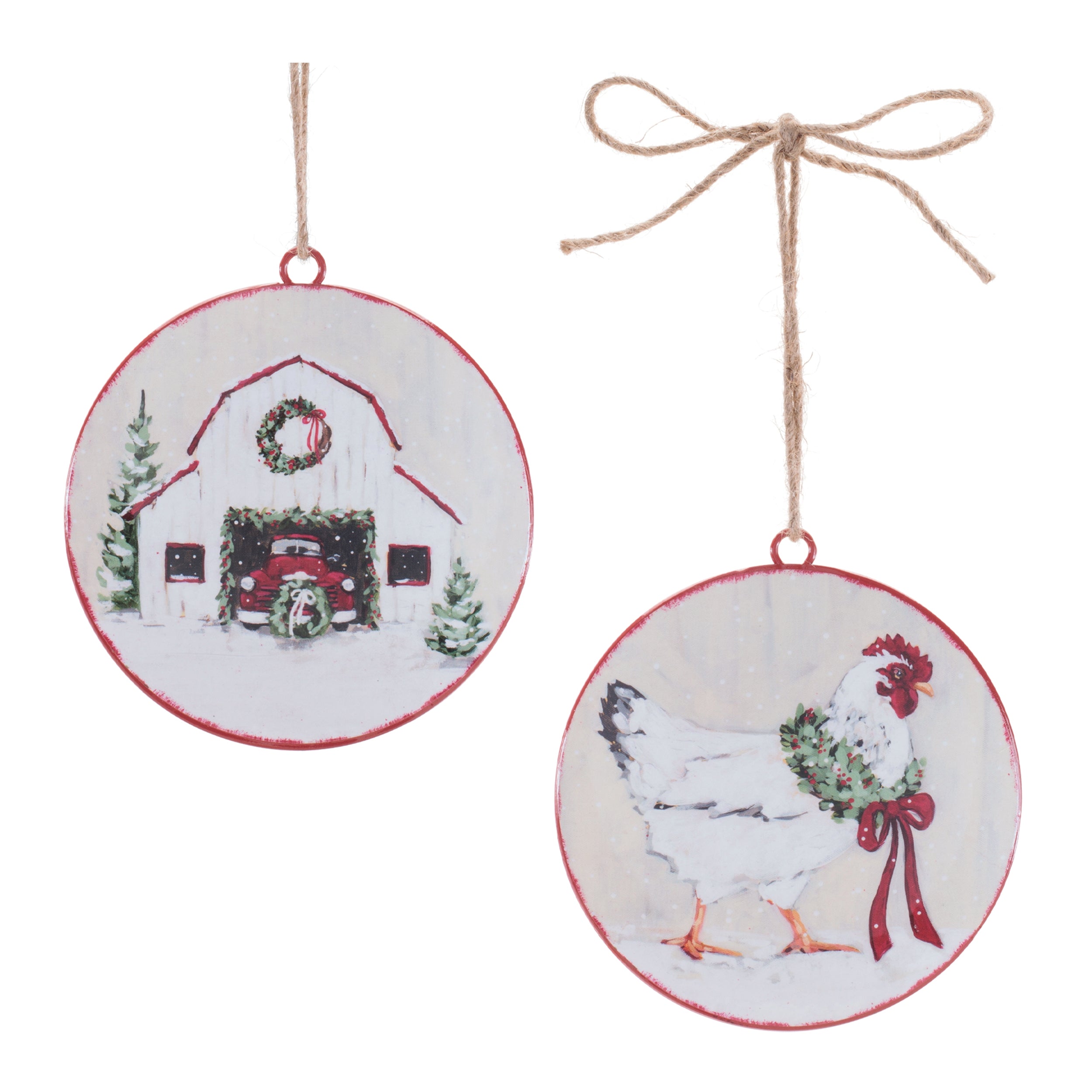 Farm Disc Ornament (2 set of) - 2 Sided 6”D Iron/Jute