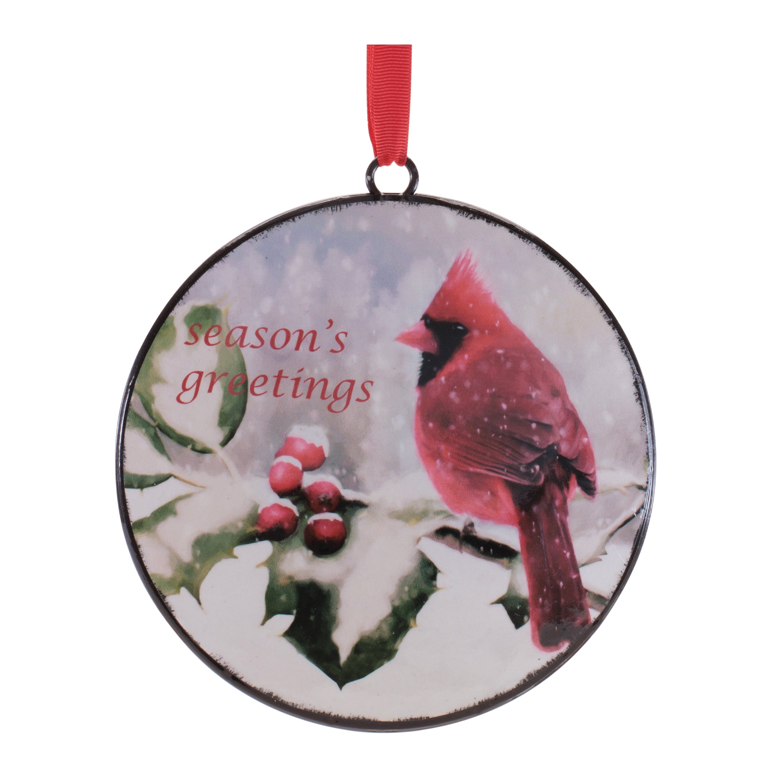 Seasons Greetings Cardinal Disc Ornament 6”D Iron
