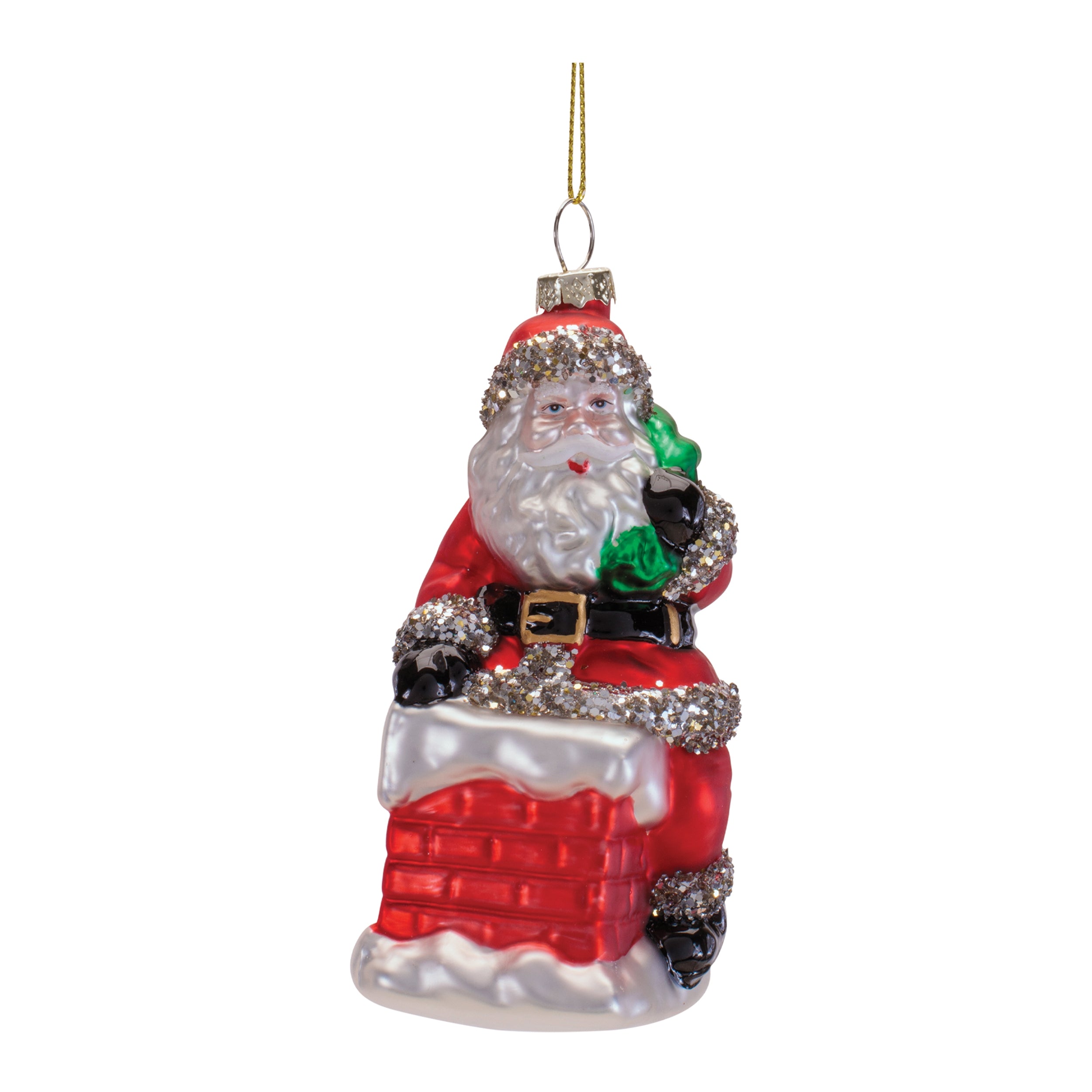 Santa in Chimney Ornament 4.75”H Glass