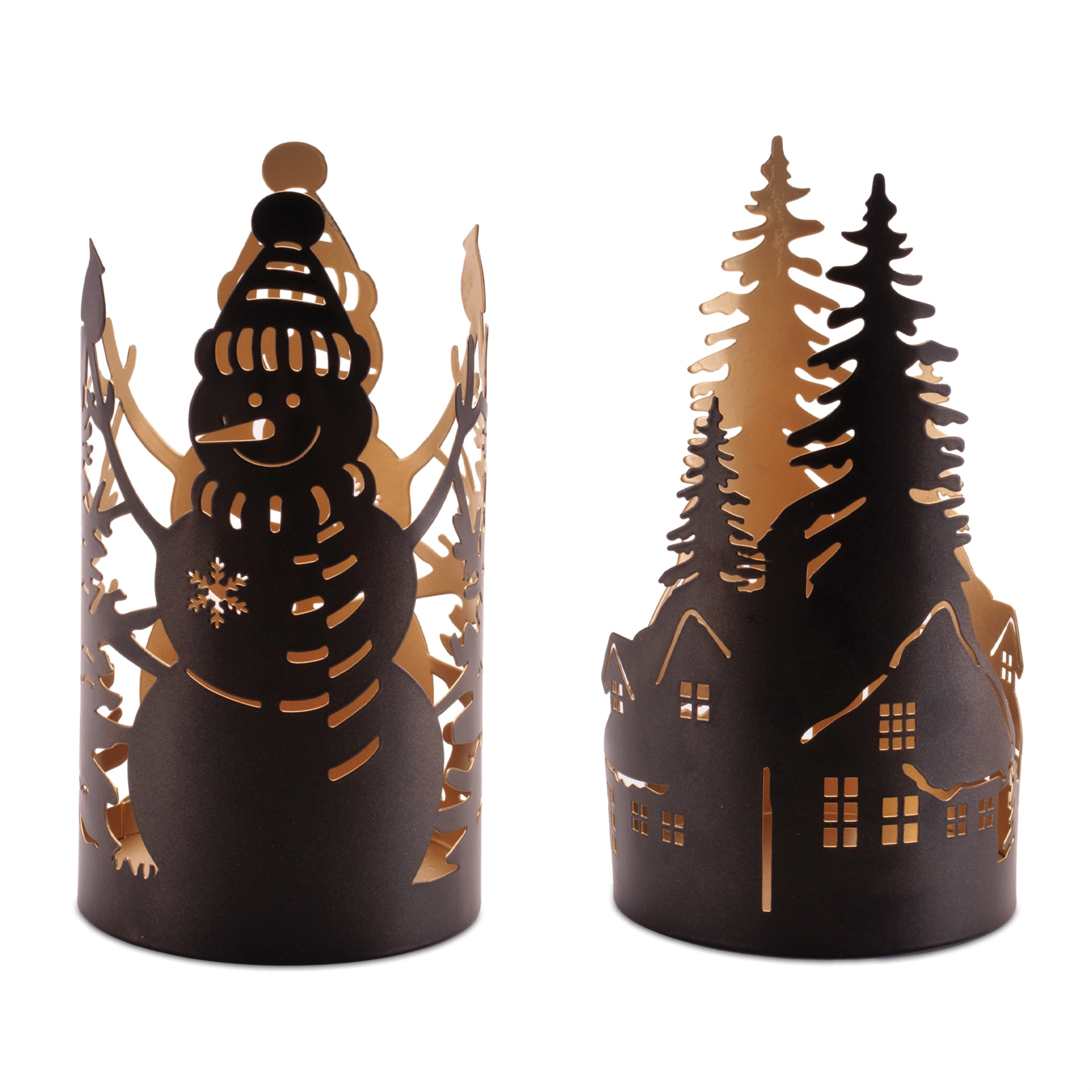 House/Tree and Snowman Candle Holder (2 set of) 4.5"D x 7.75"H, 4.5"D x 8.5"H Metal