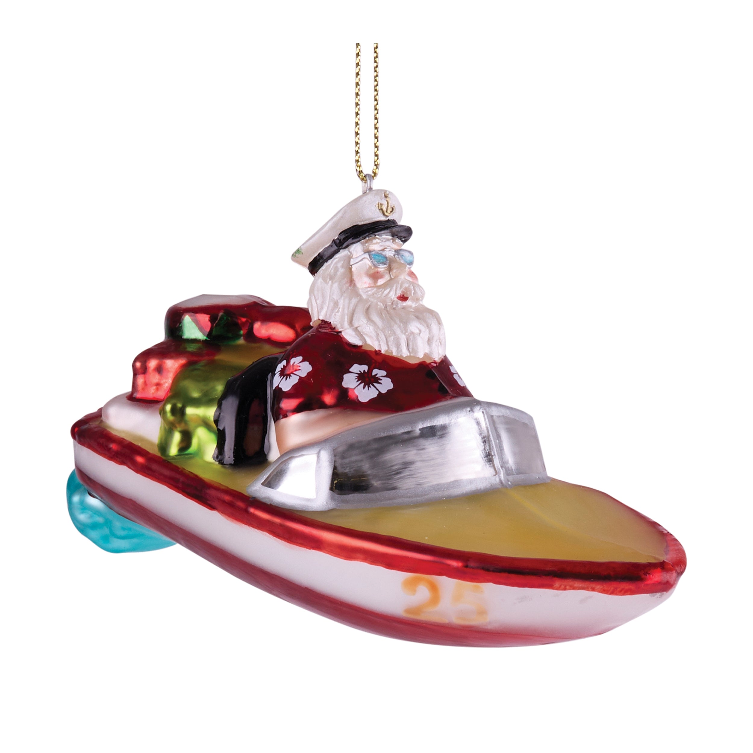 Santa in Boat Ornament 4.5"L x 3"H Glass