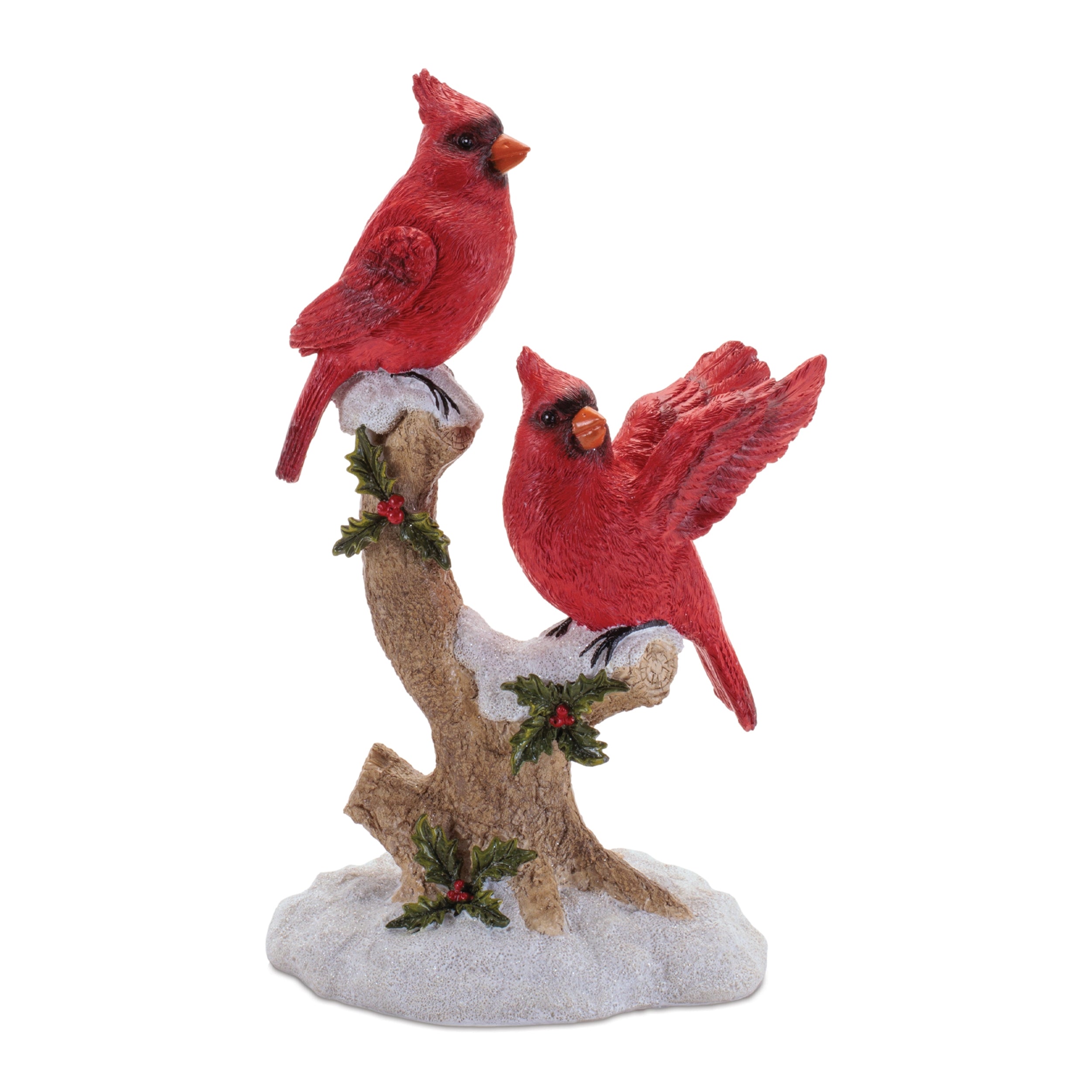 Double Cardinal with Holly 9.5”H Resin