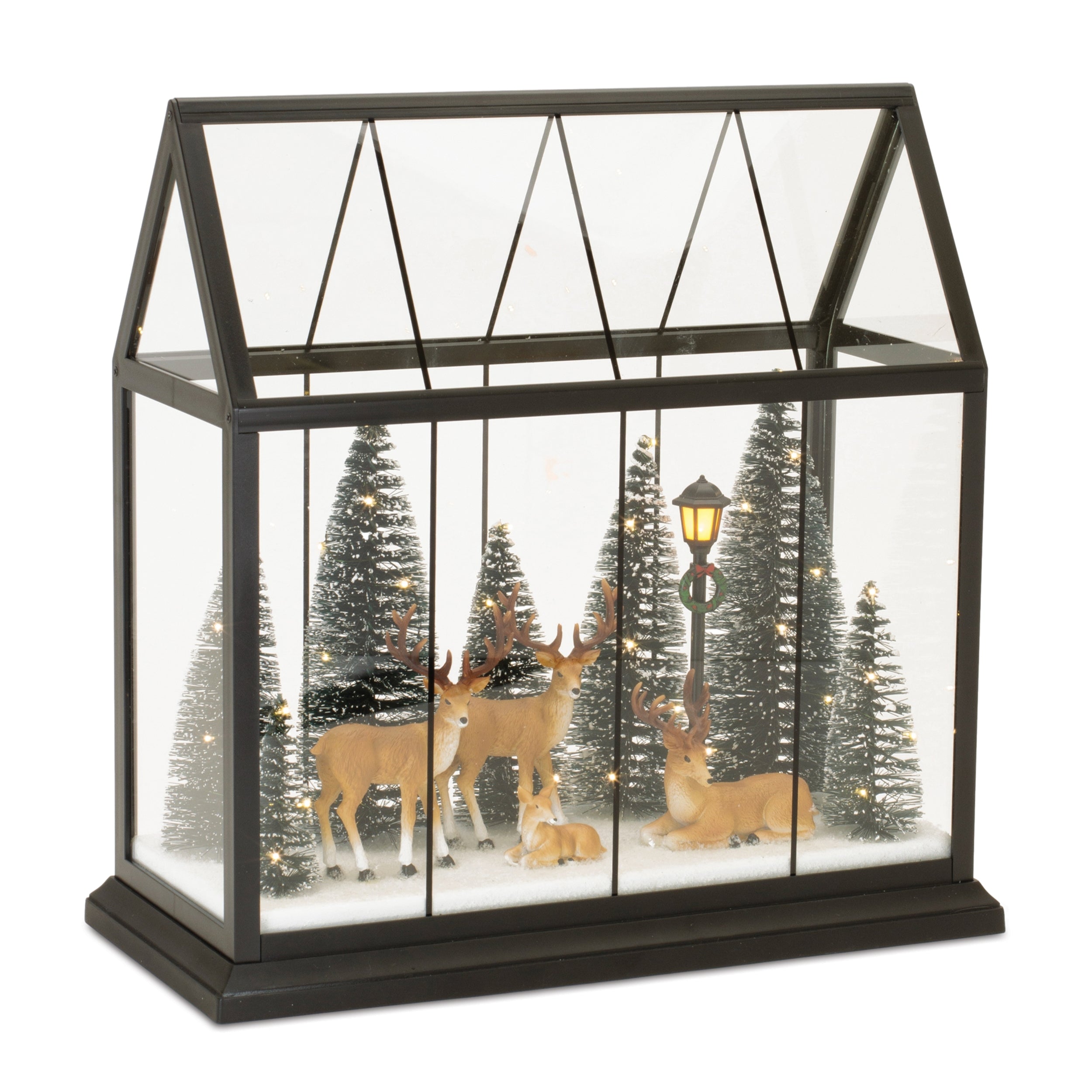 LED Deer and Trees in Greenhouse 13”H Glass/ 2 AA Batteries Not Included/USB