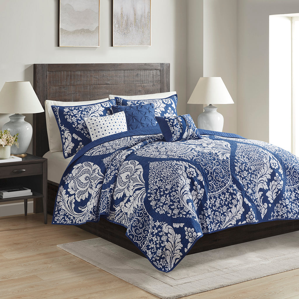 Vienna 6 Piece Printed Cotton Quilt Set with Throw Pillows
