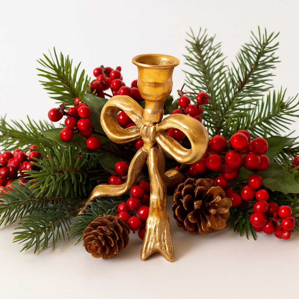 Gold Metal Tied Bow Candle Holder