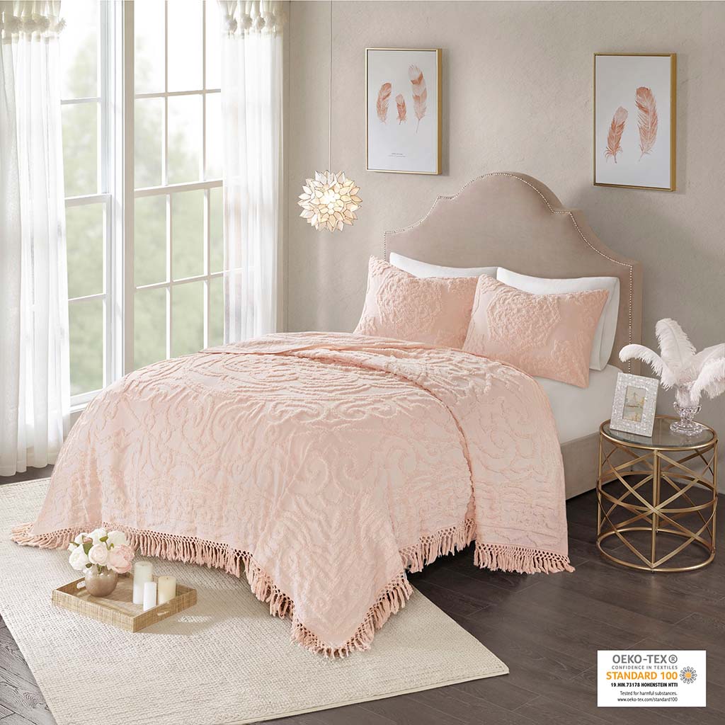 Laetitia Tufted Cotton Chenille Medallion Fringe Coverlet Mini Set
