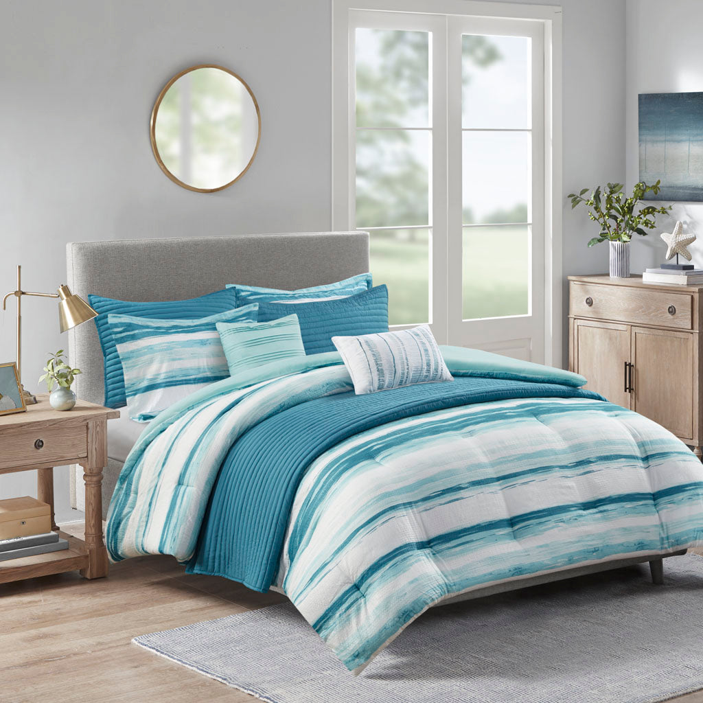 Marina 8 Piece Printed Seersucker Comforter and Quilt Set Collection