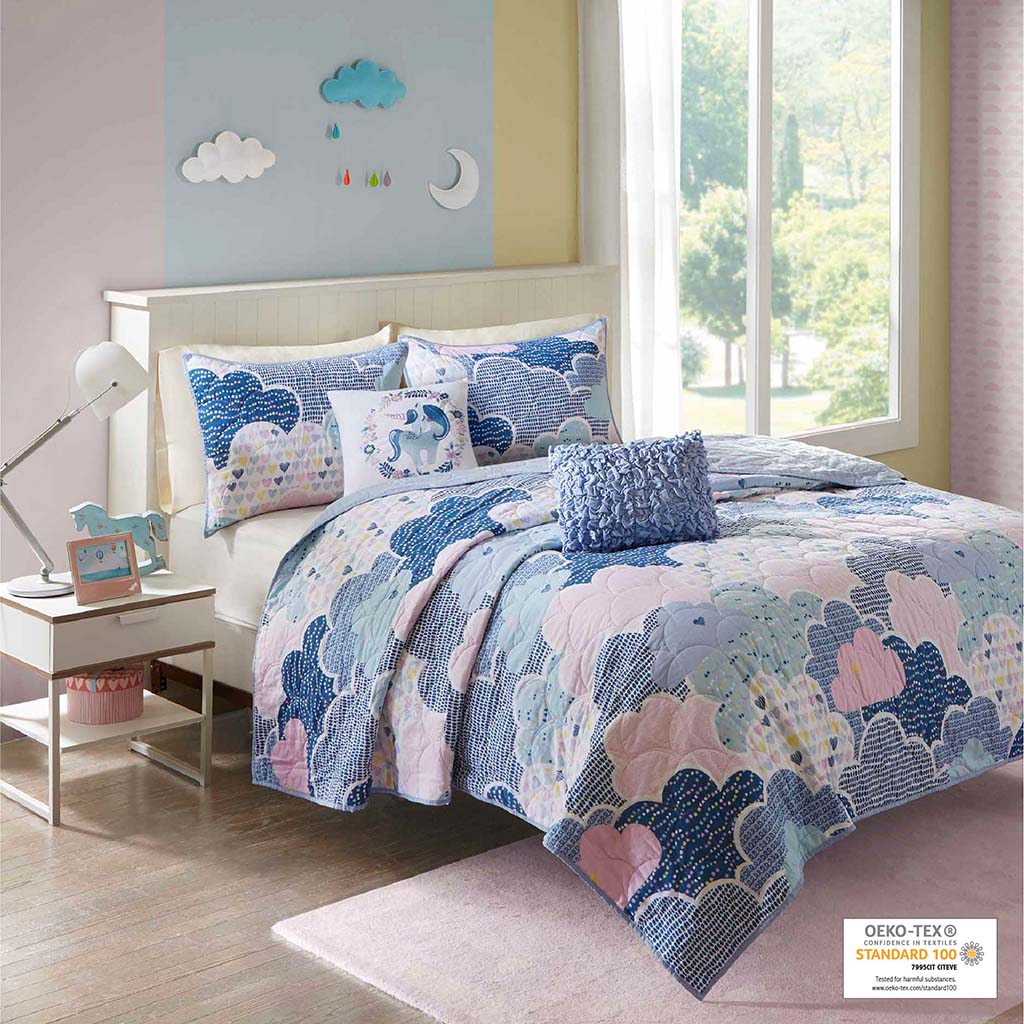 Cloud Reversible Sunshine Printed Cotton Quilt Set with Throw Pillow