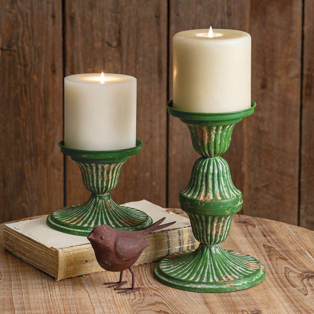 Distressed Antiqued Green Candle Holders (S/2)