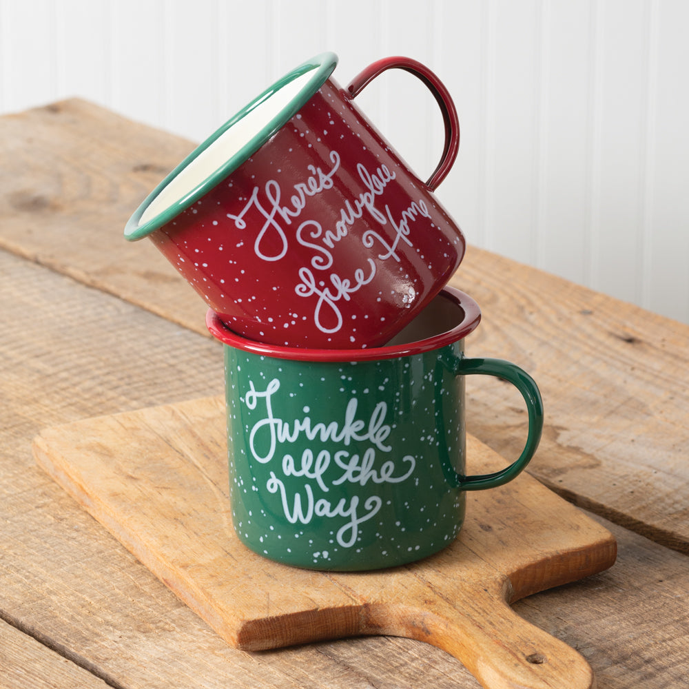 Enameled Holiday Script Mugs (S/2)