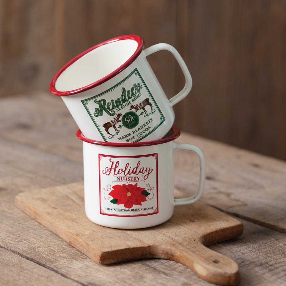 Enameled Holiday Label Mugs (S/2)
