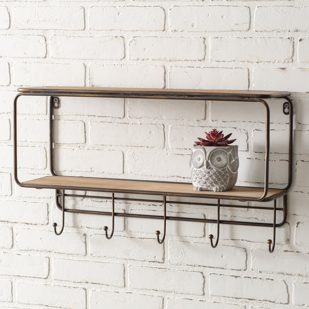 Two-Tier Wood Wall Shelf with Five Hooks