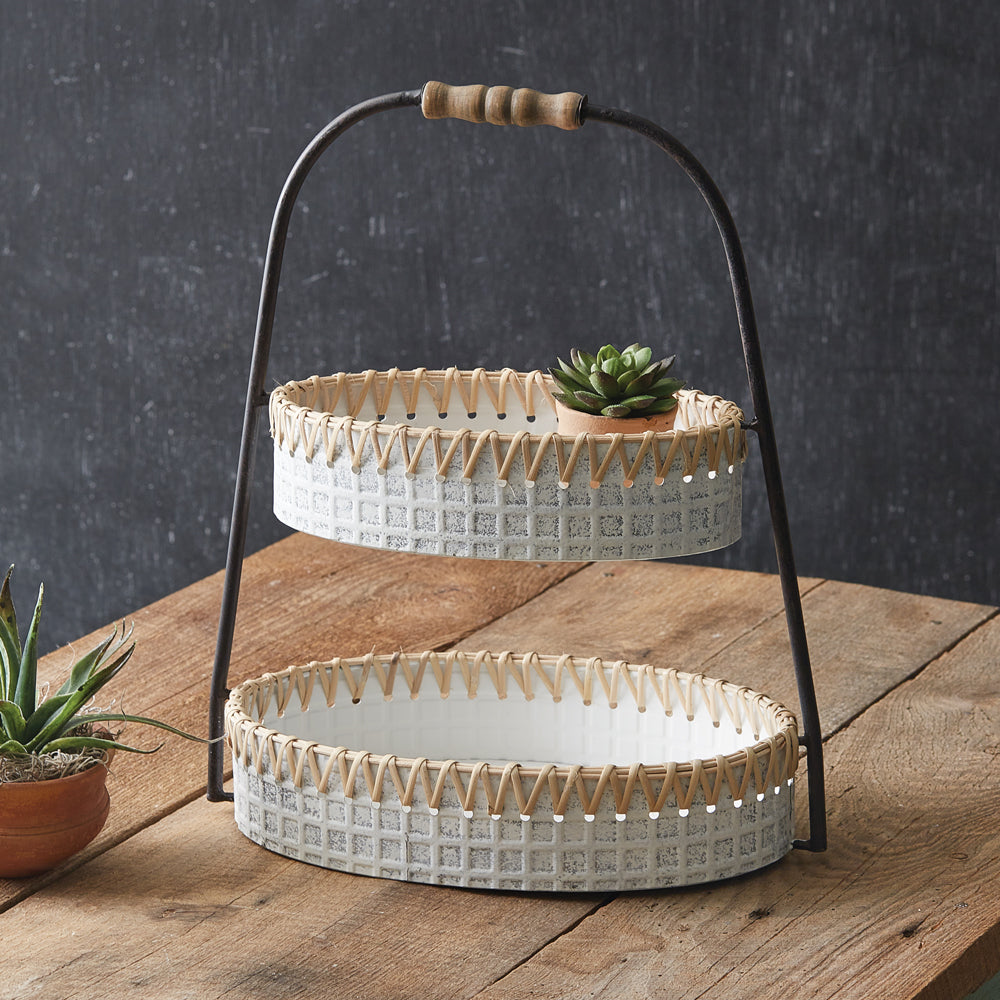 Whitewashed Cane Tiered Basket
