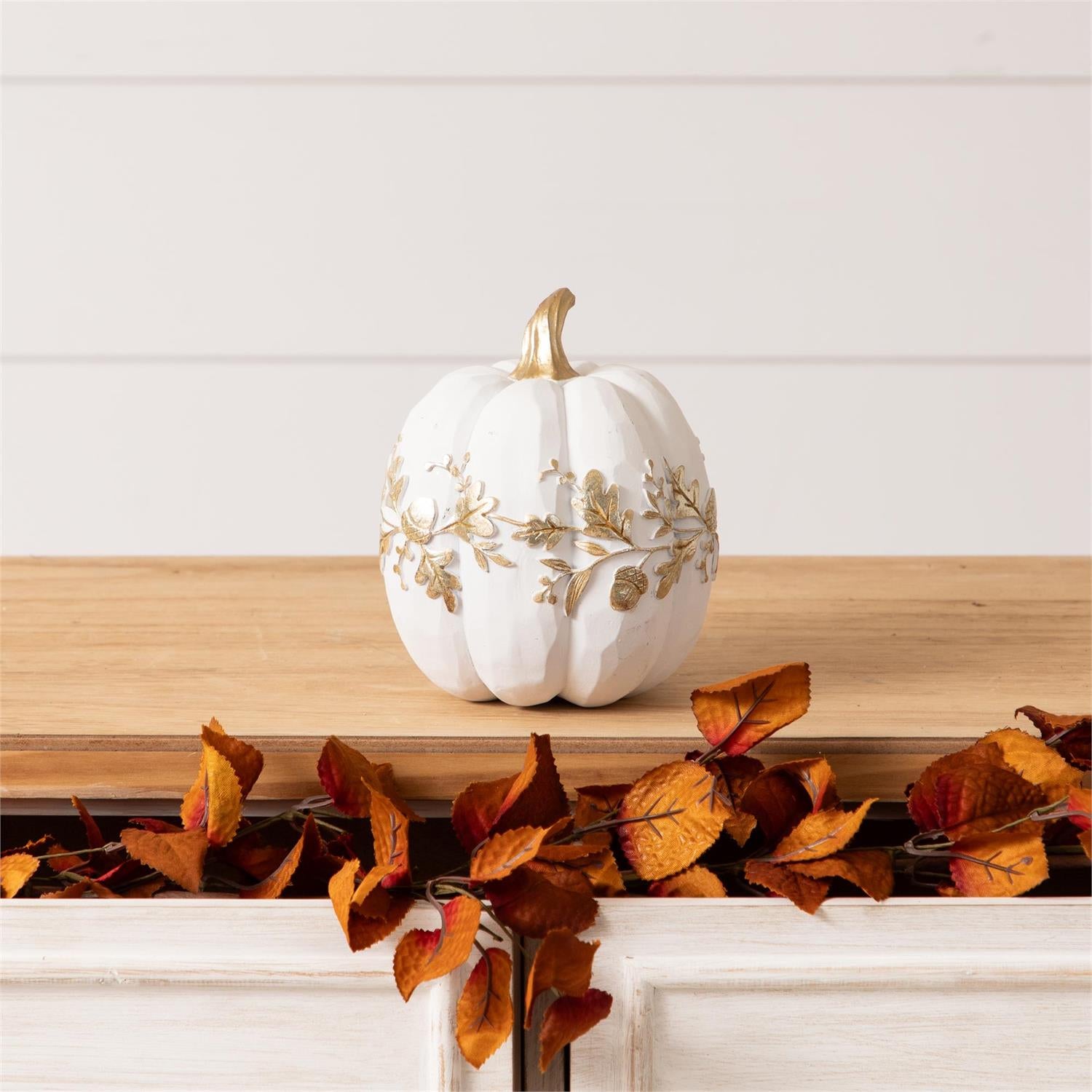 White Pumpkin With Gold Leaves
