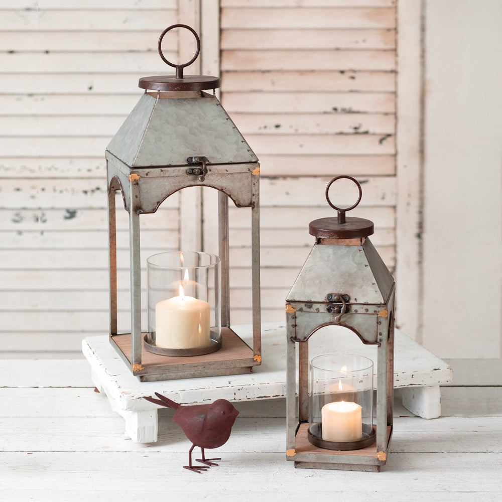 Galvanized Candle Lanterns with Wood Base (S/2)