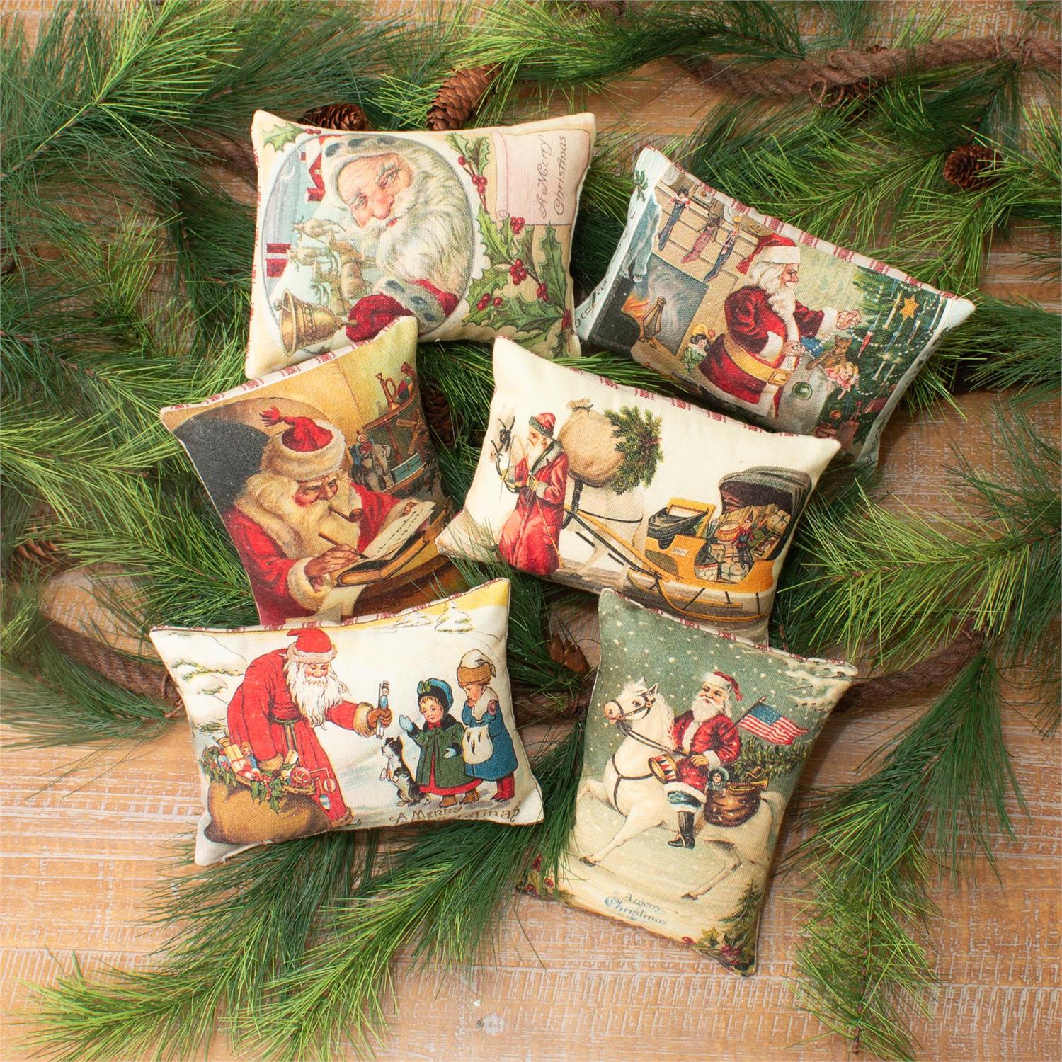 Mini Pillow Ornaments - Vintage Santa Postcards
