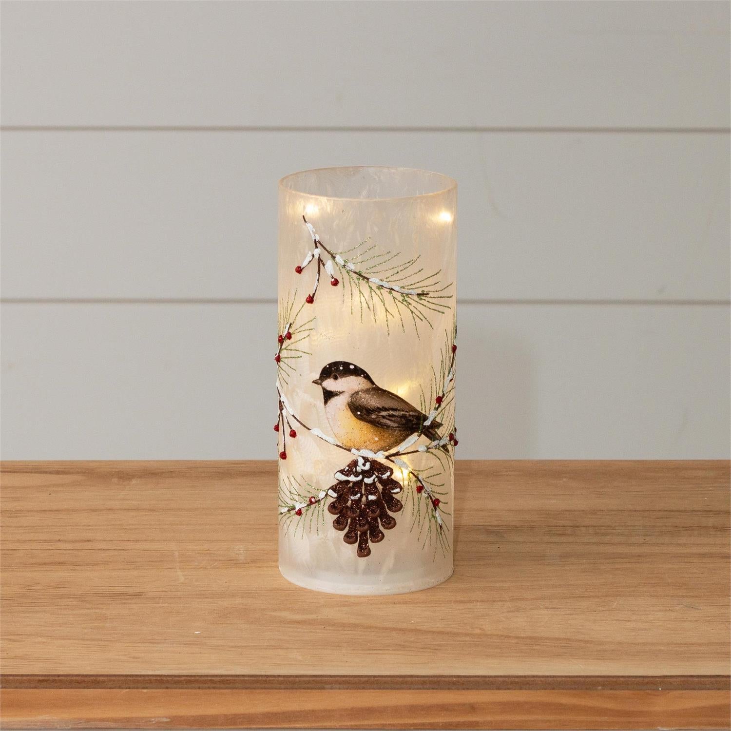 Chickadee Frosted Glass Luminary