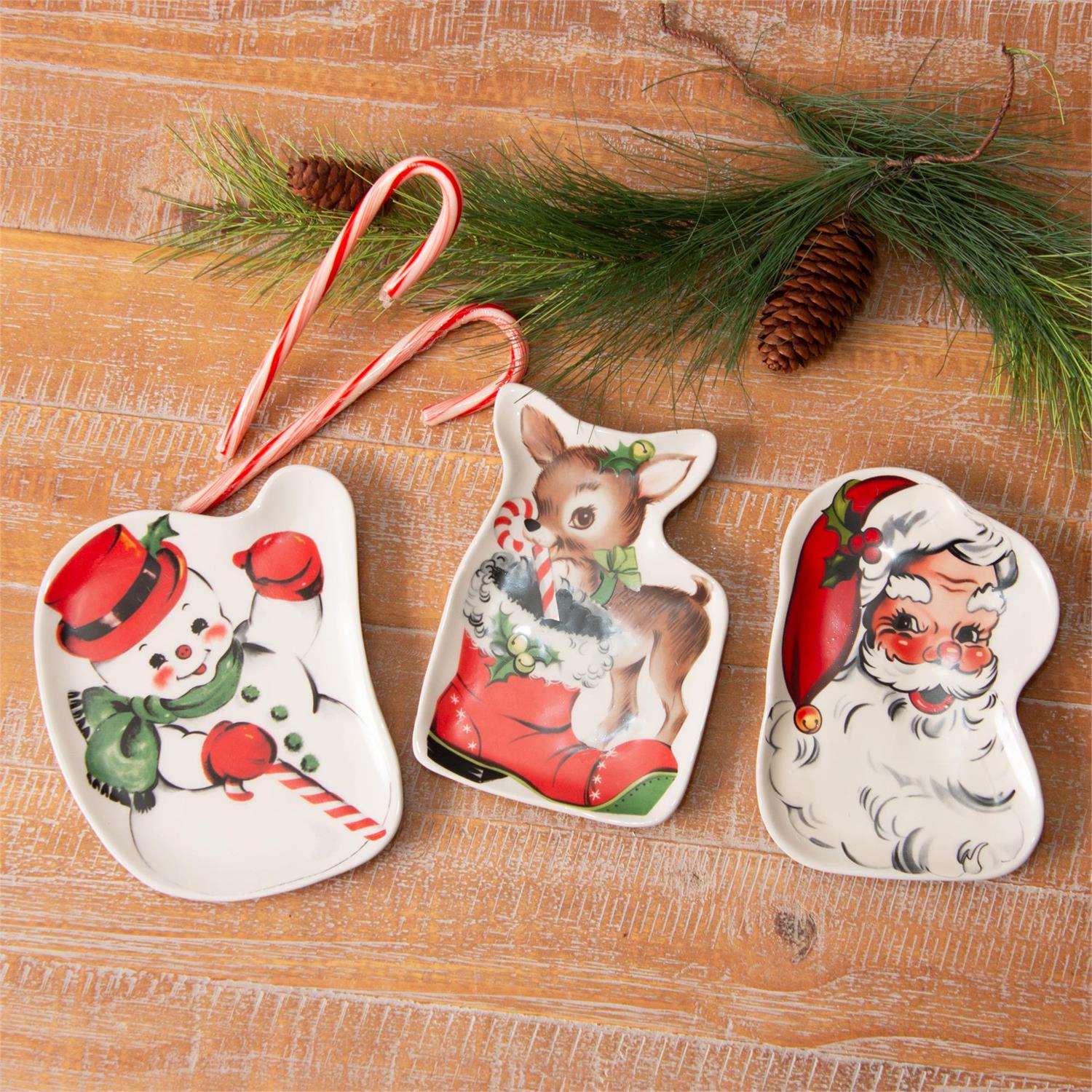 Vintage Deer, Santa, And Snowman Trinket Trays (S/3)