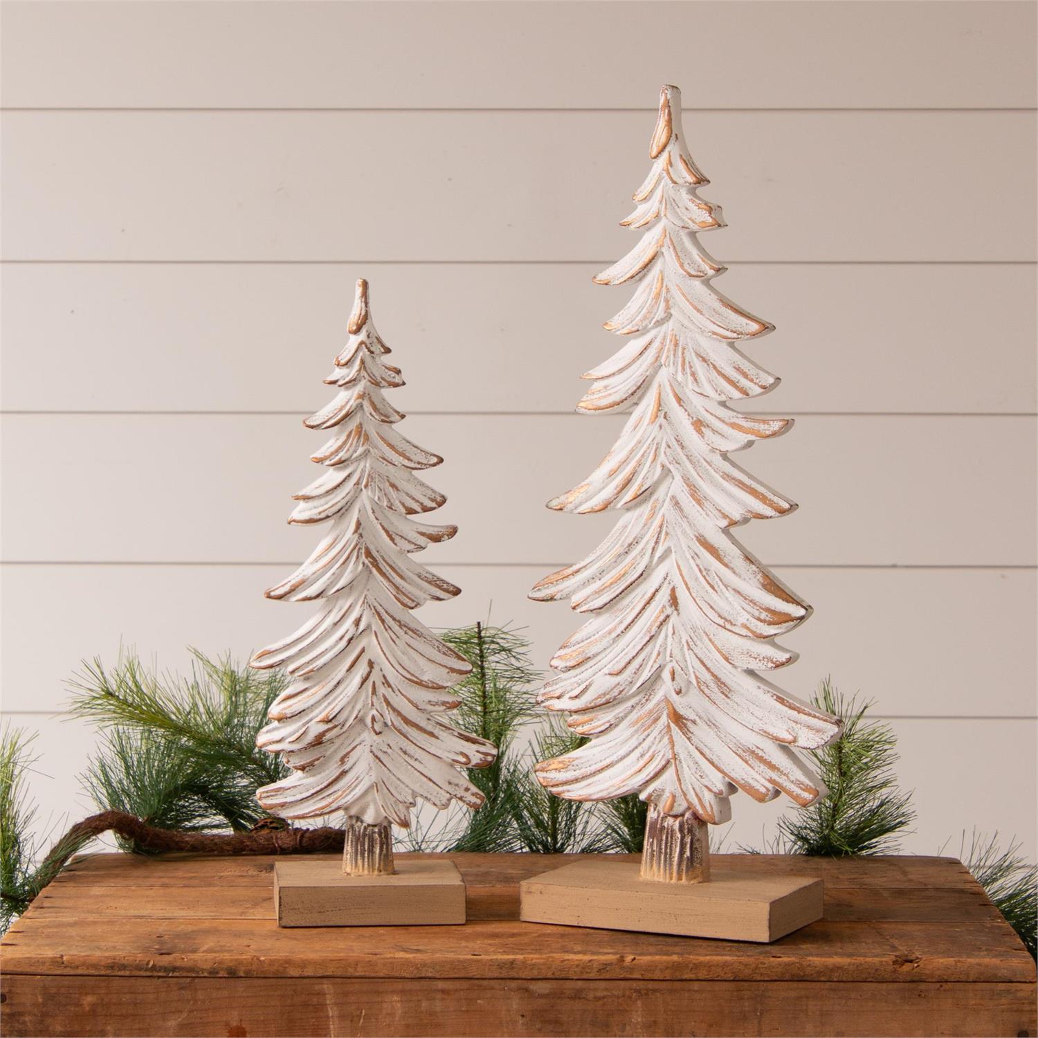 White Carved Wood Grain Trees (S/2)