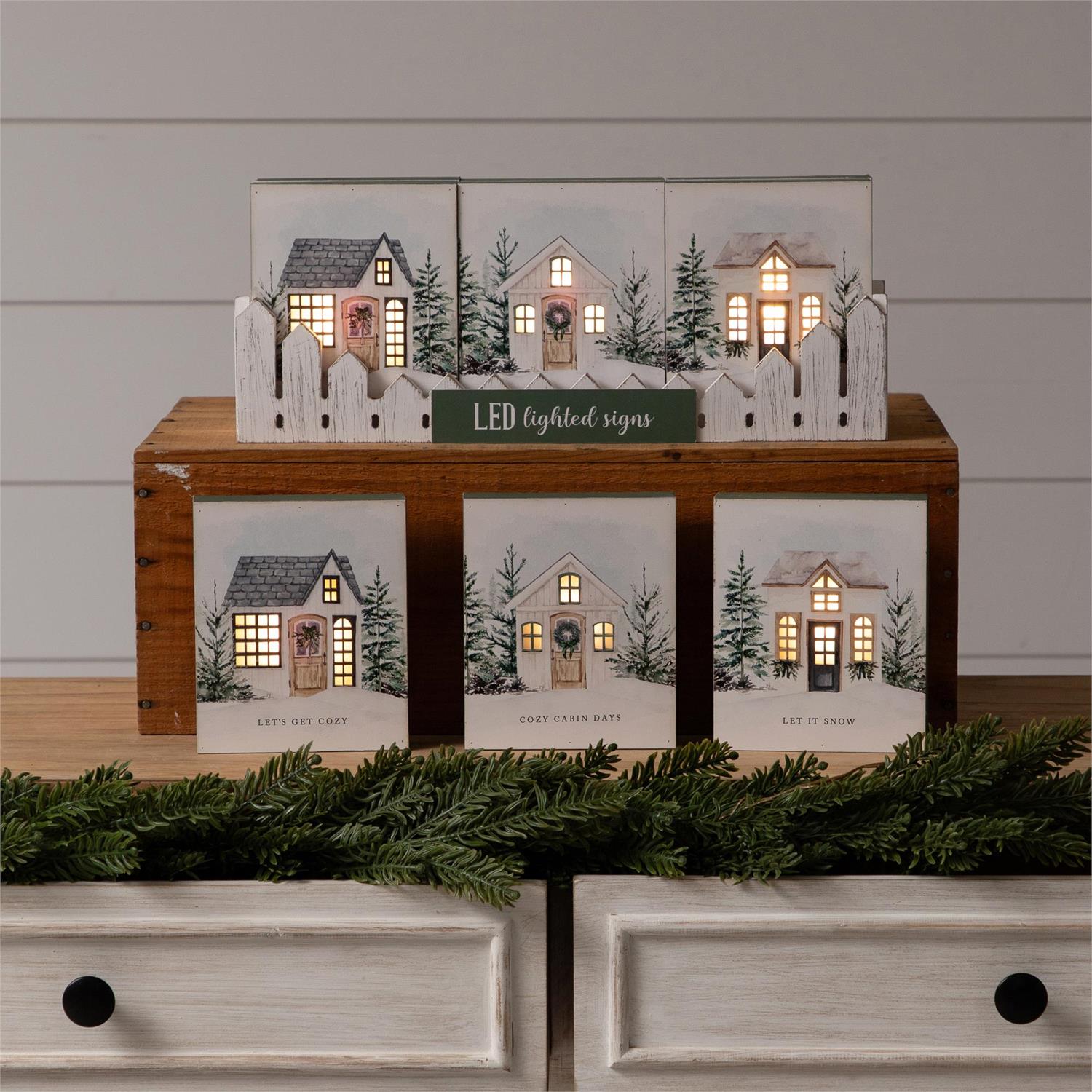 Crate Of 9 - Block Signs - Winter Cozy Houses