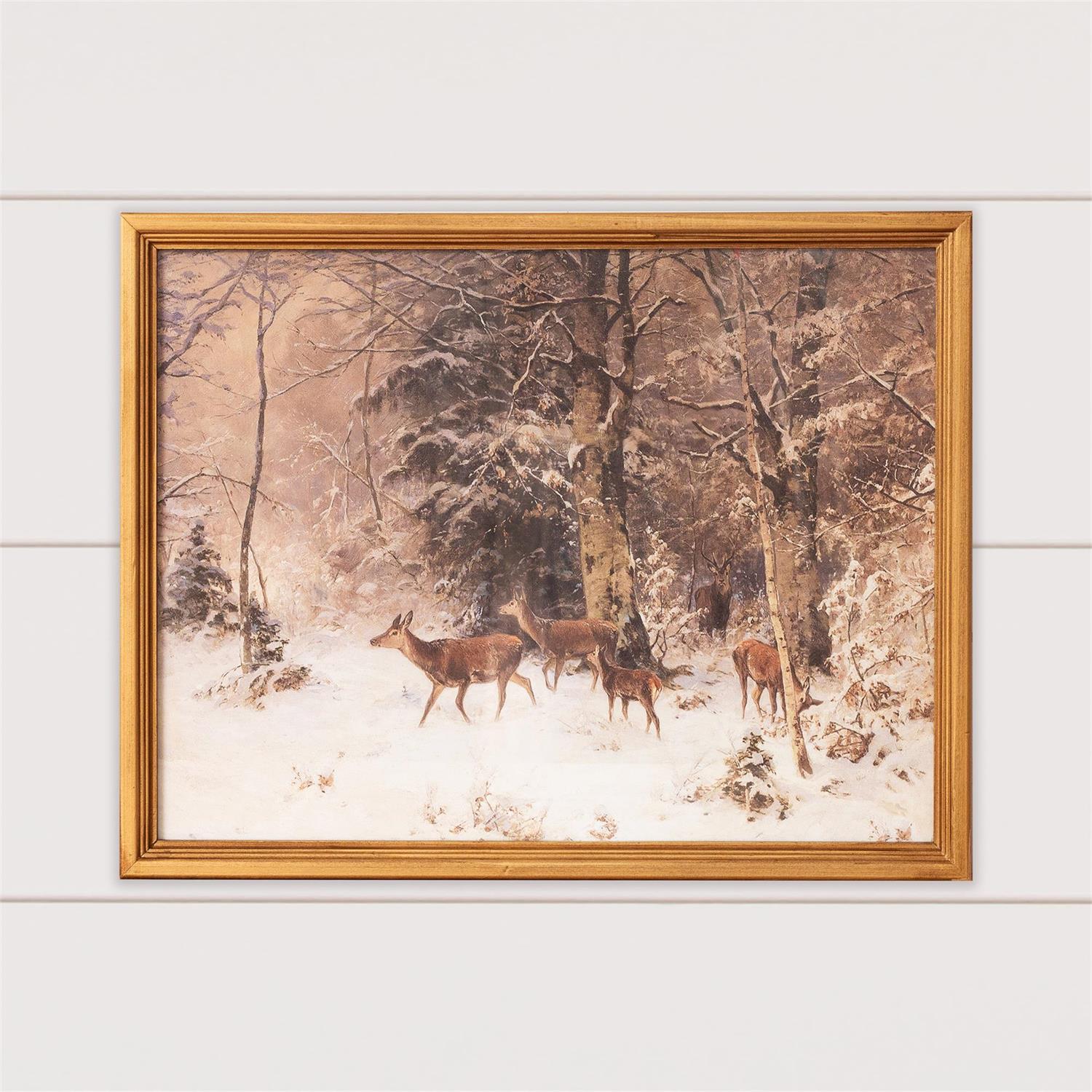 Deer In Snowy Forest Framed Print