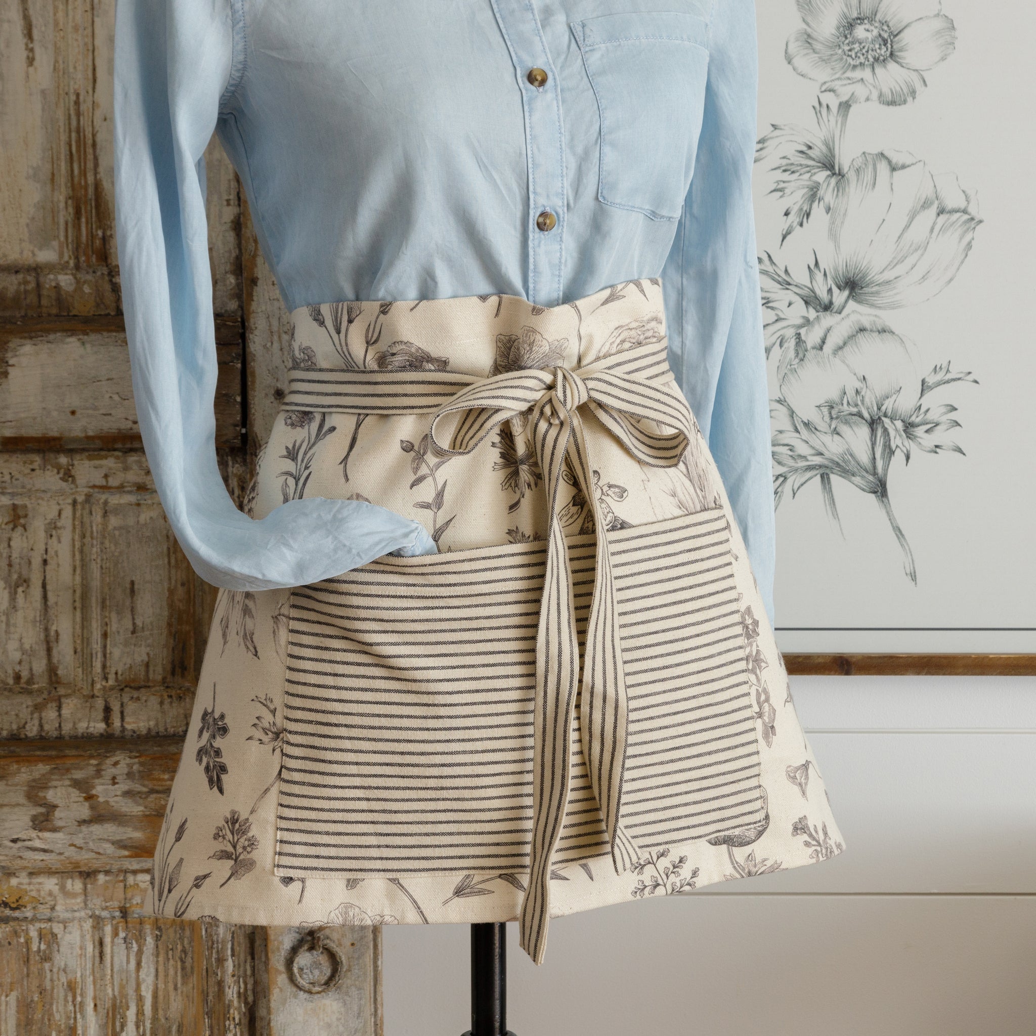 Black & White Botanical Half Apron