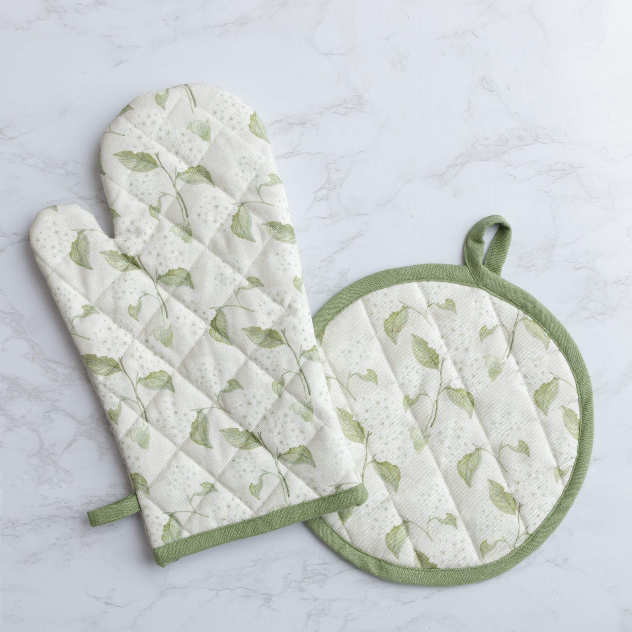 White Hydrangea Pot Holder w/ Mitt (S/2)
