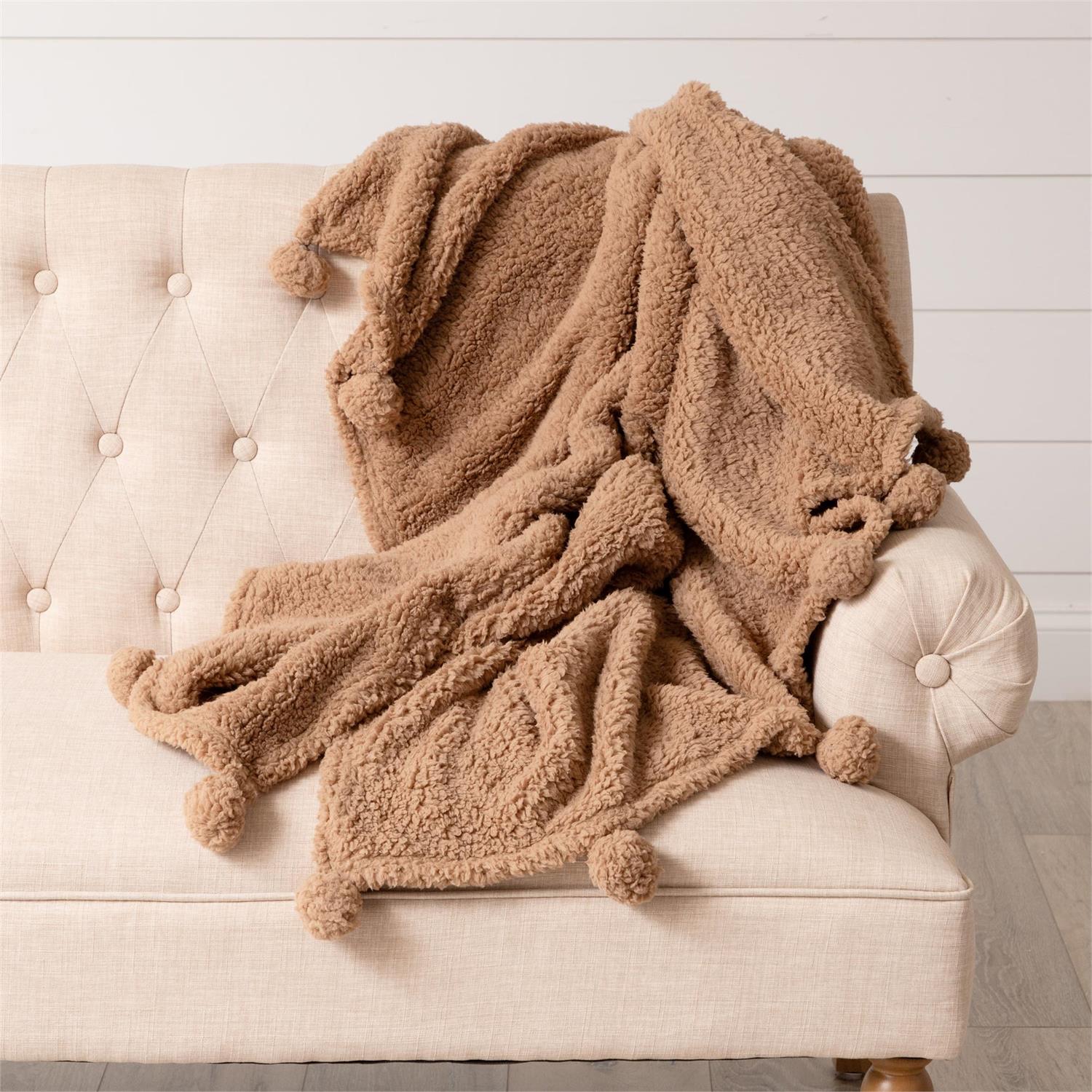 Throw- Dreamy Sherpa With Pompoms, Taupe